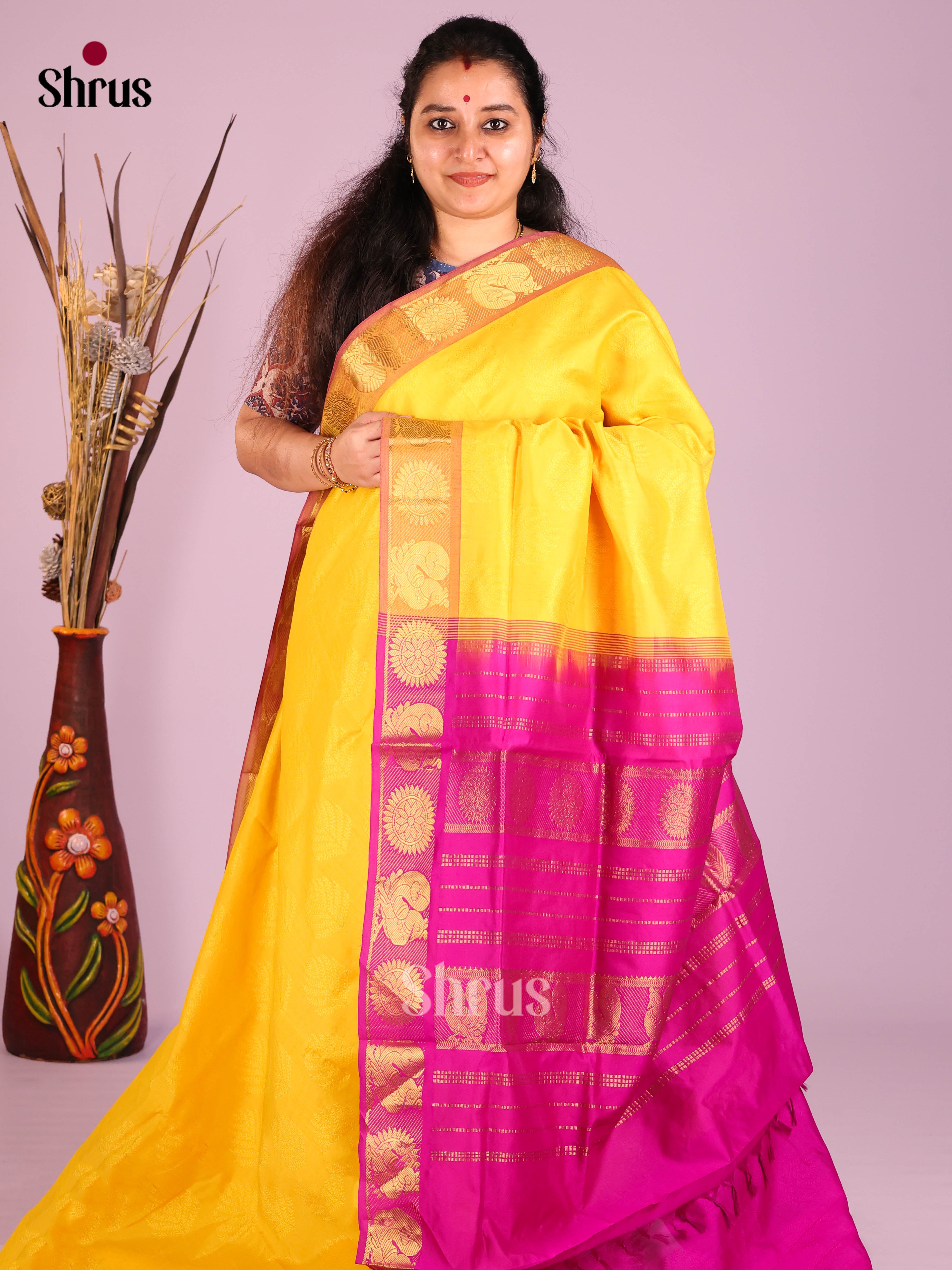 Yellow & Majenta - Silkcotton-halfpure Saree
