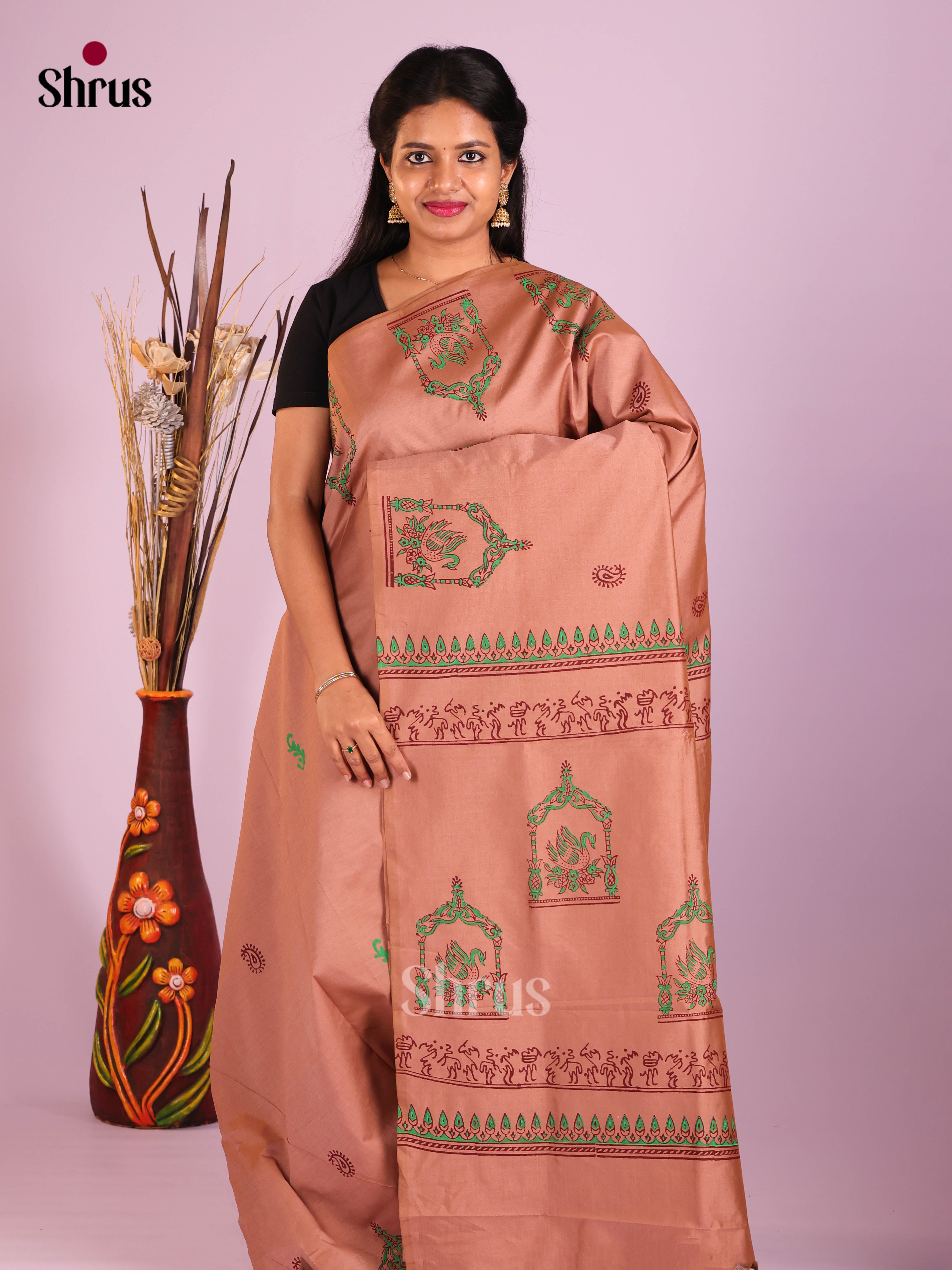 Brown & Blue - Semi Silkcotton print Saree