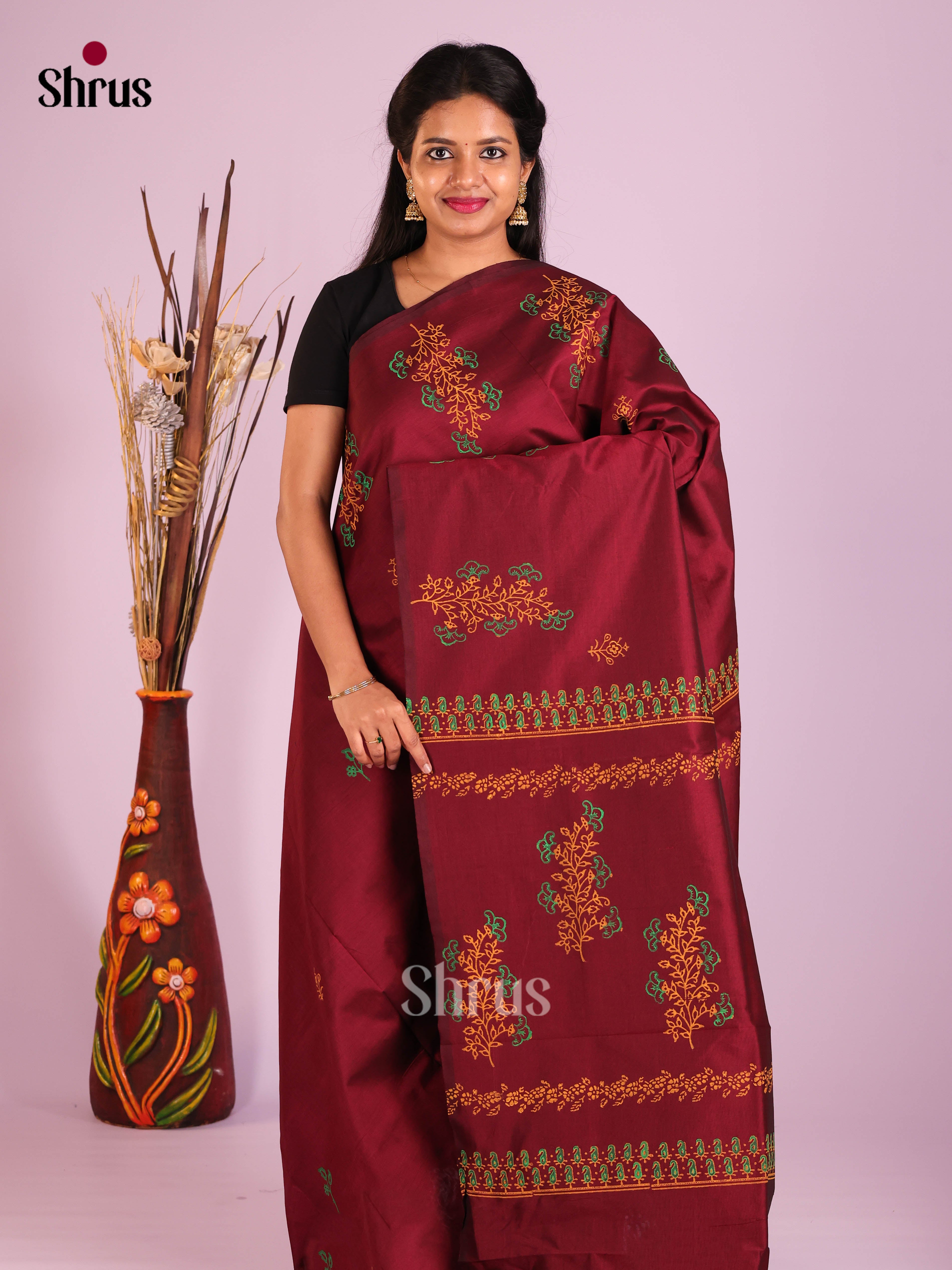 Maroon & Mustard - Semi Silkcotton print Saree - Shop on Shrus.com