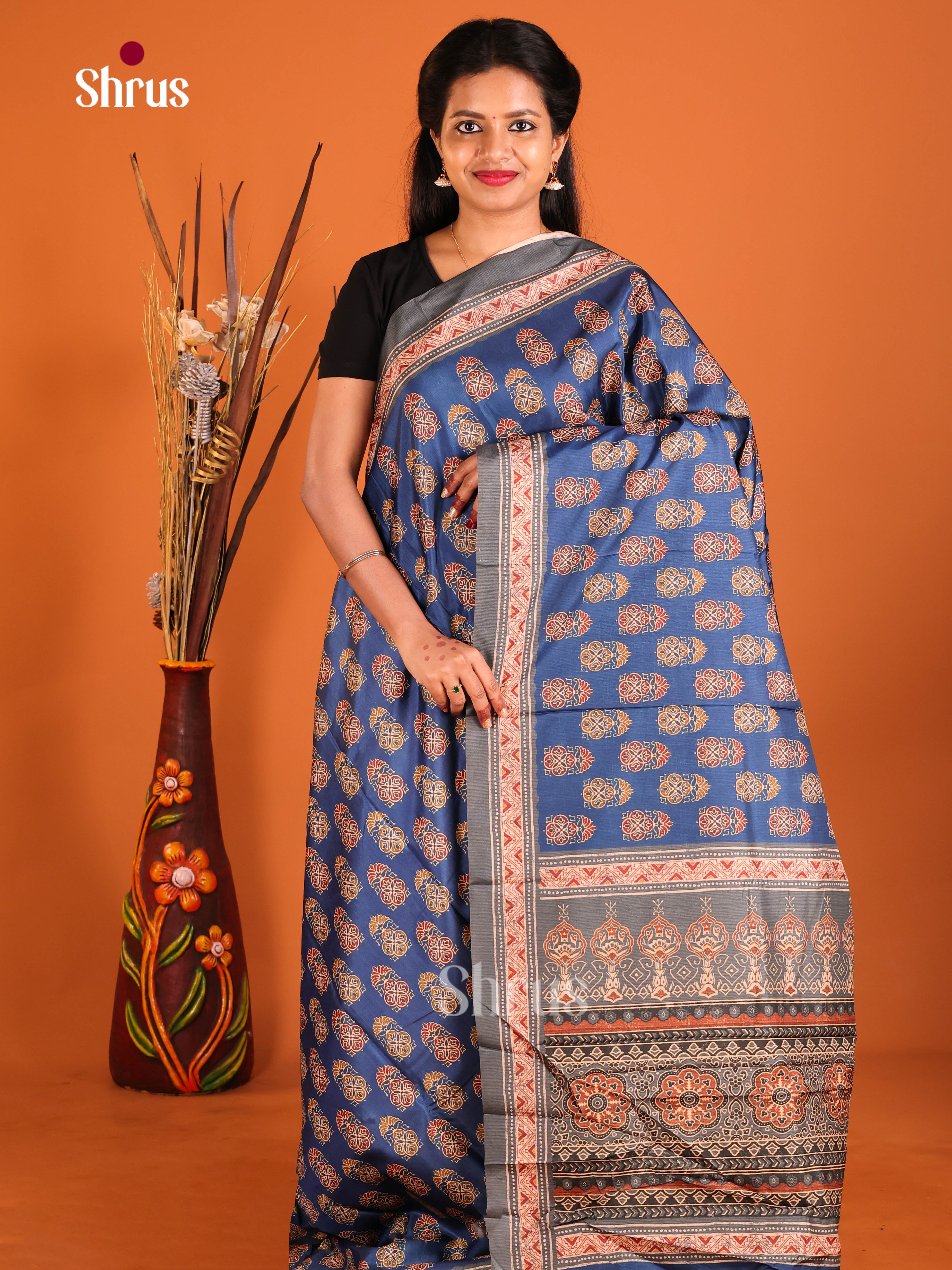 Blue & Grey- Semi Crepe Saree