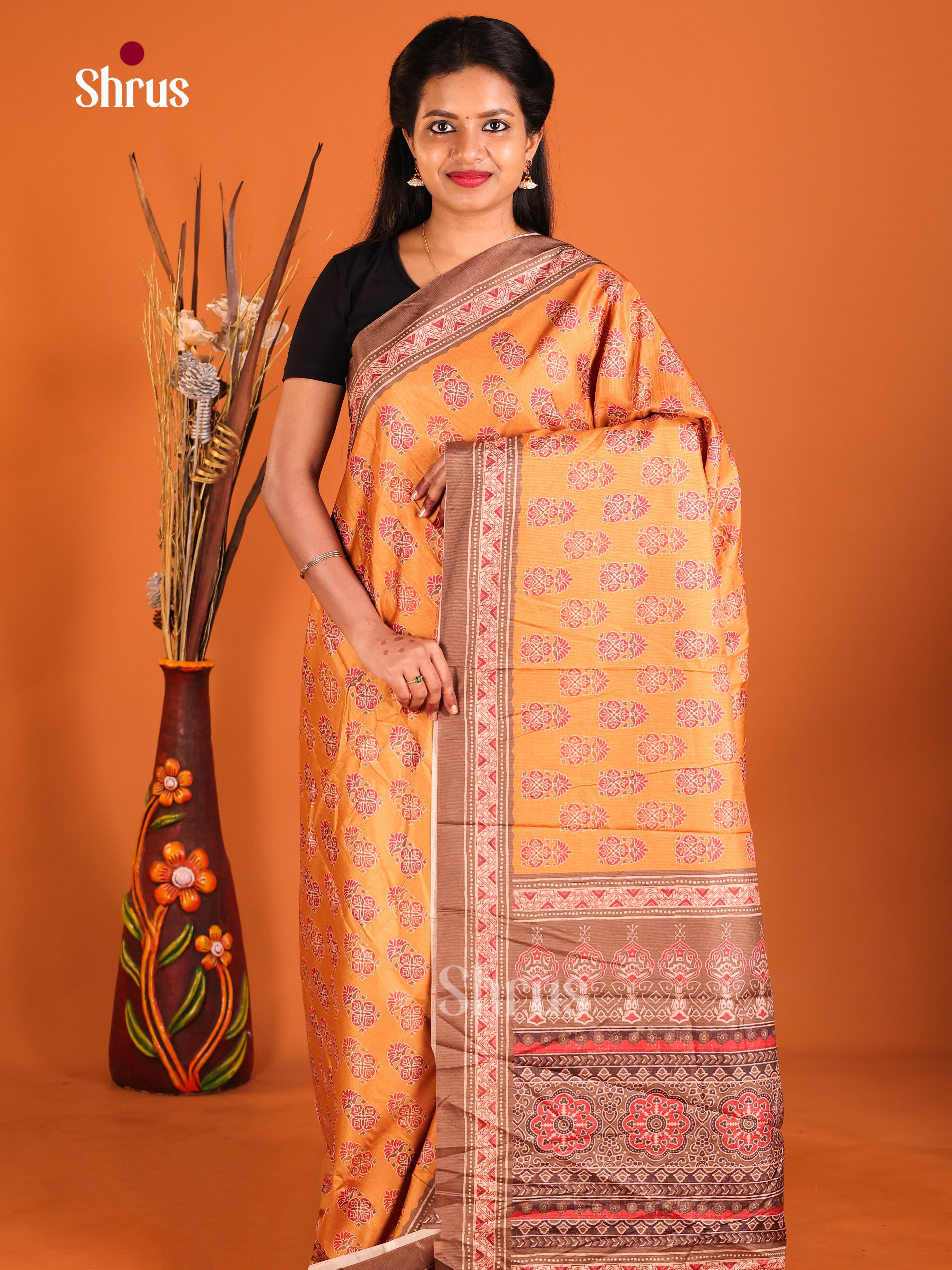 Orange & Brown - Semi Crepe Saree - Shop on Shrus.com