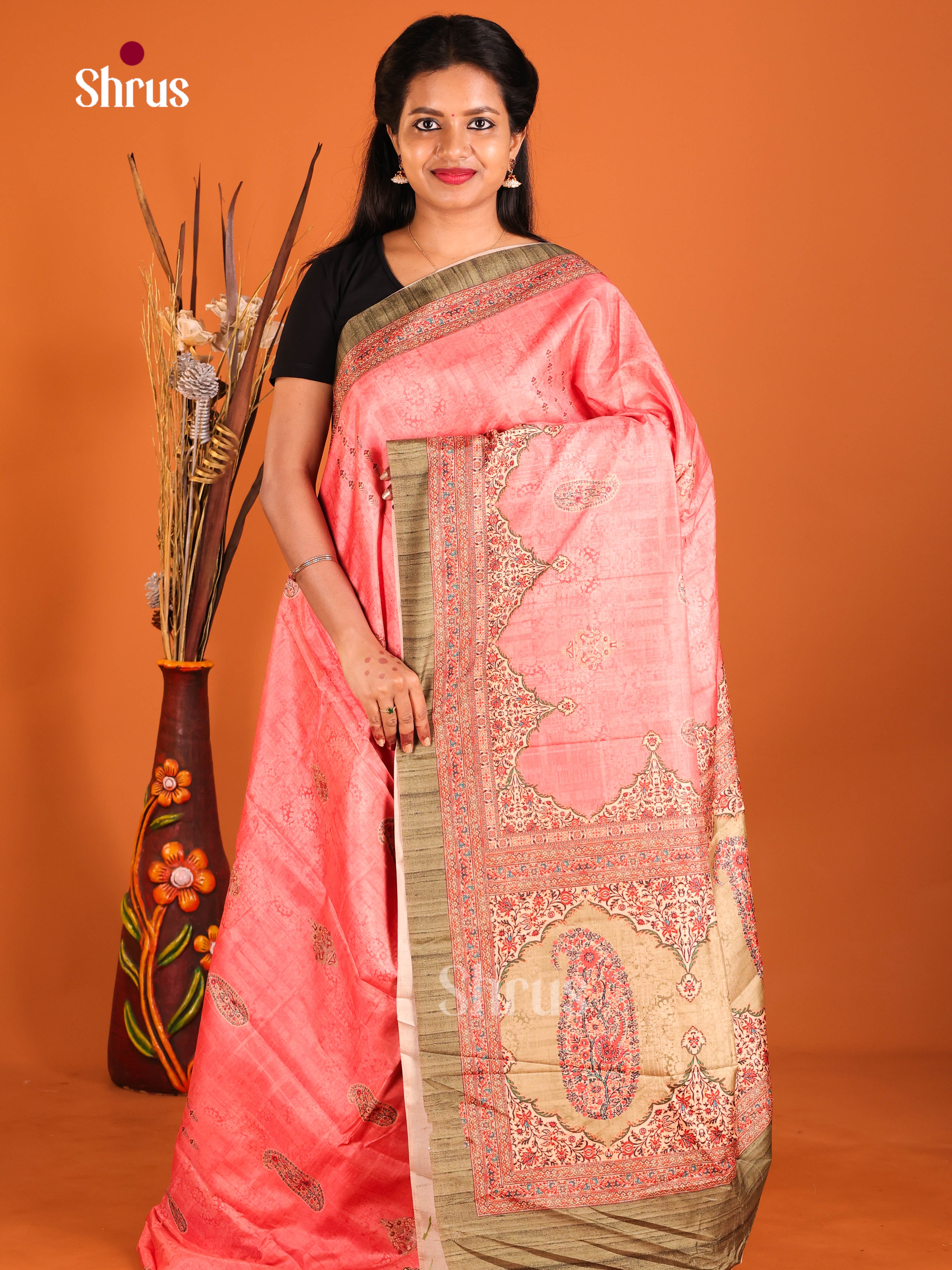 Pink & Green - Semi Crepe Saree - Shop on Shrus.com