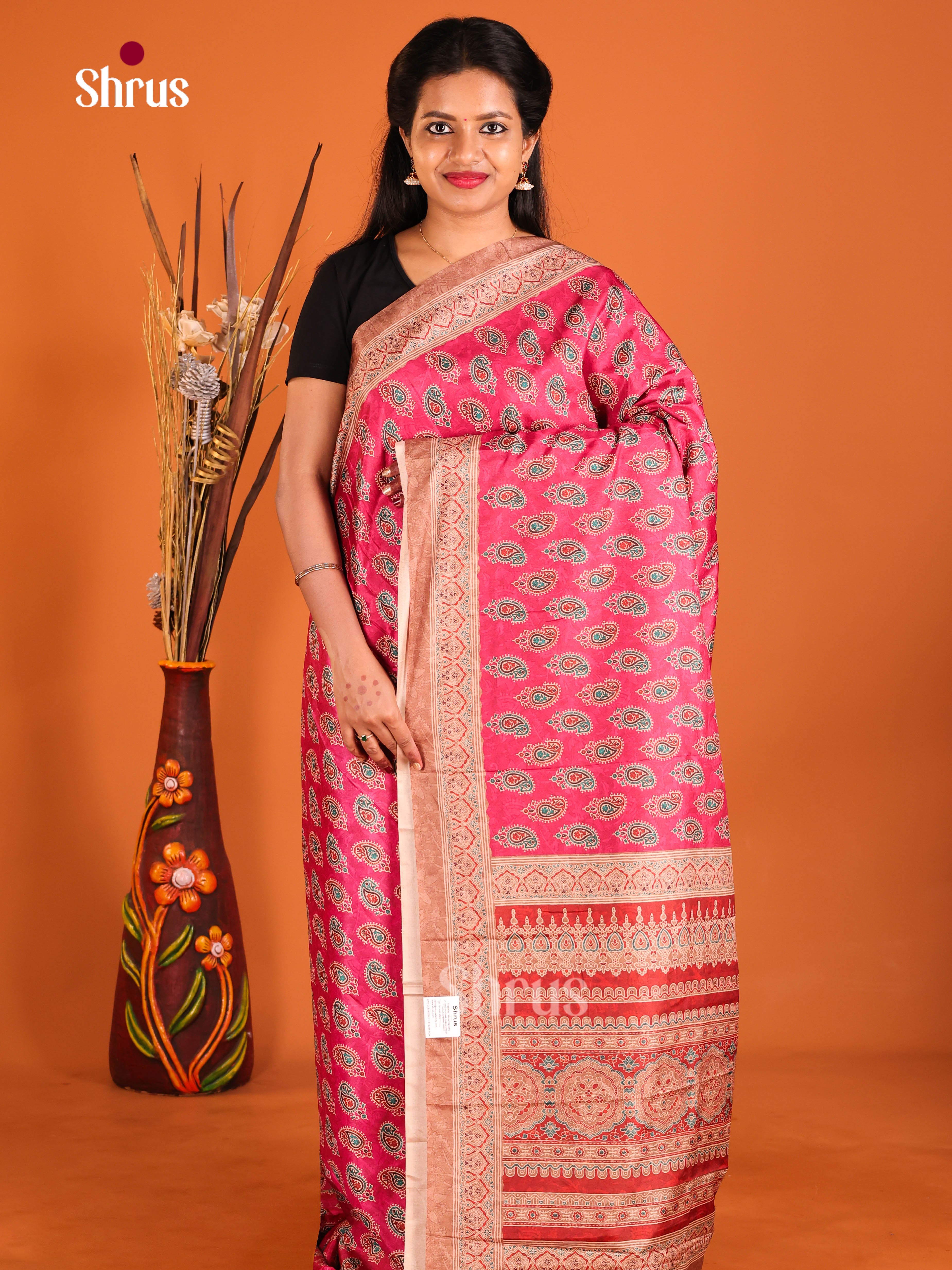 Pink & Brown - Semi Crepe Saree - Shop on Shrus.com