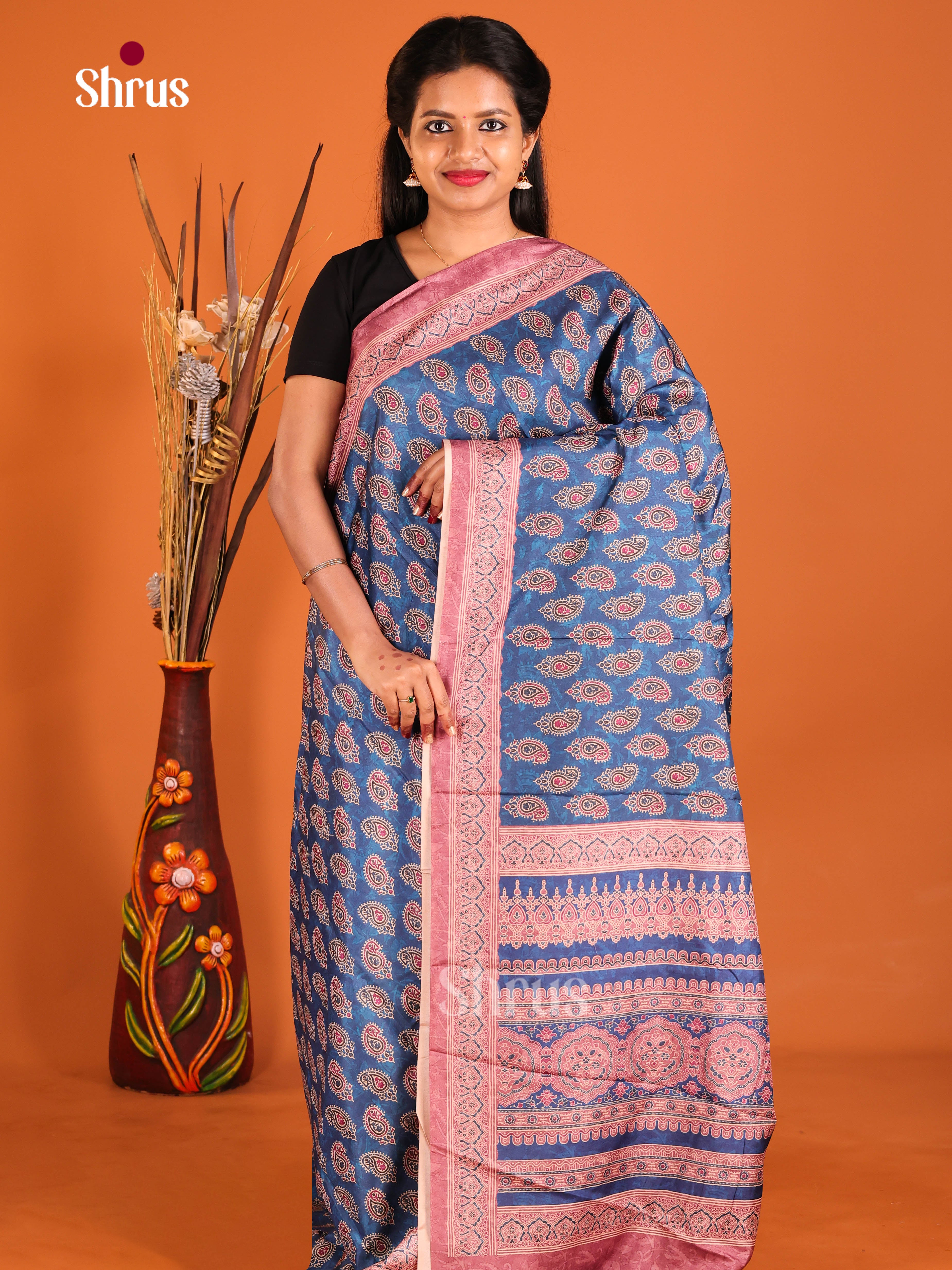 Blue & Pink - Semi Crepe Saree