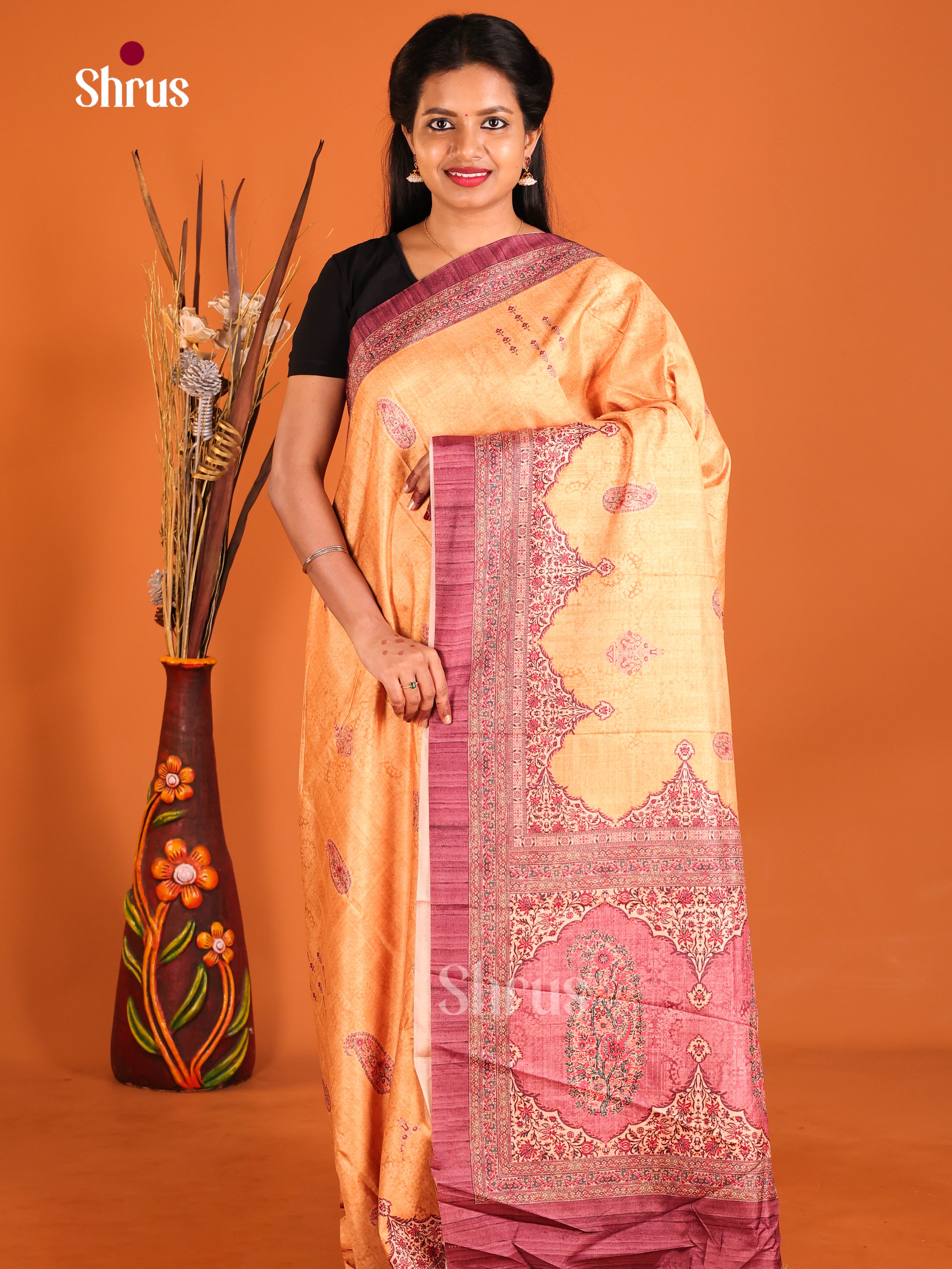 Orange & Purple - Semi Crepe Saree - Shop on Shrus.com