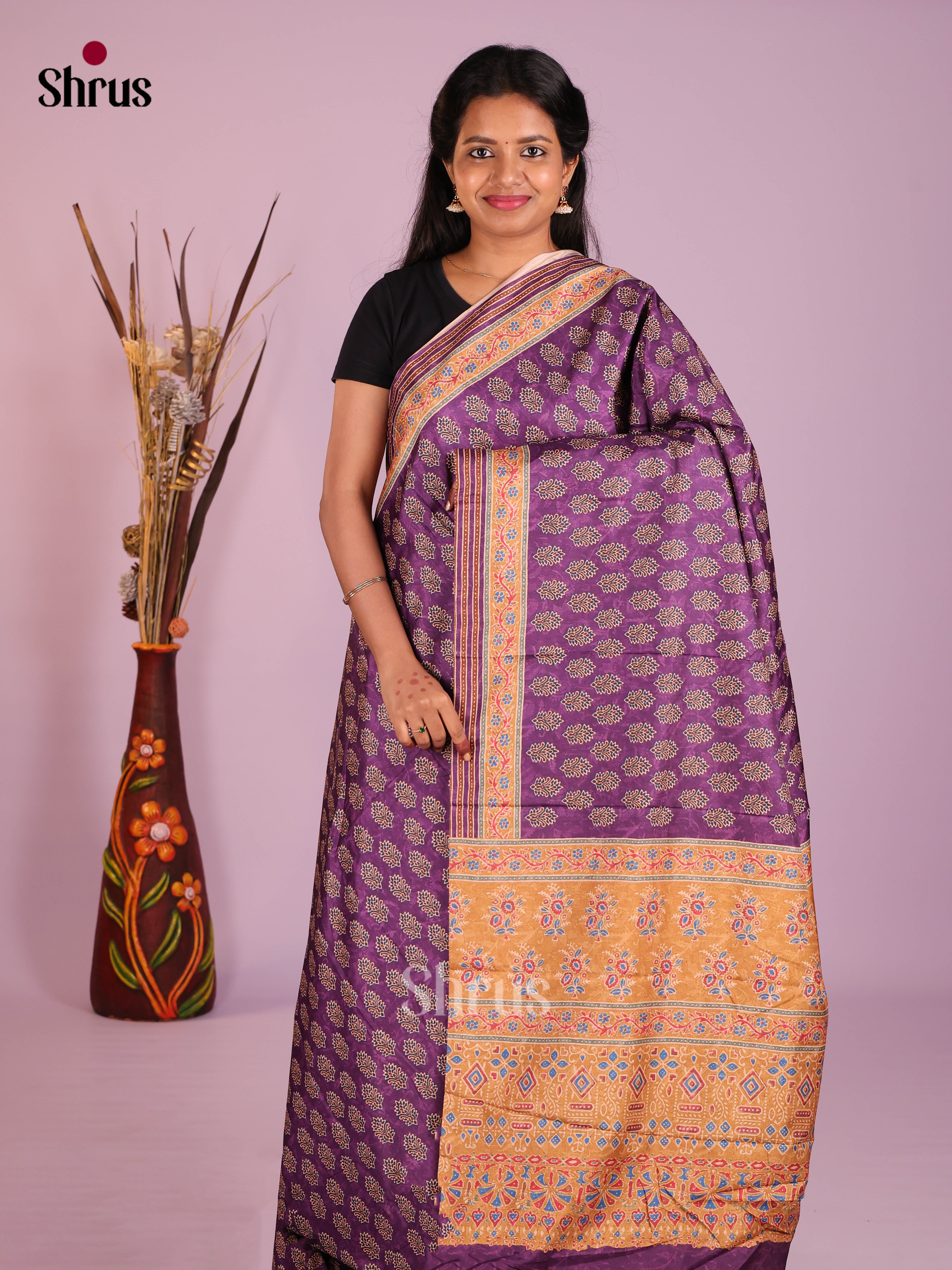 Purple & Orange- Semi Crepe Saree - Shop on Shrus.com