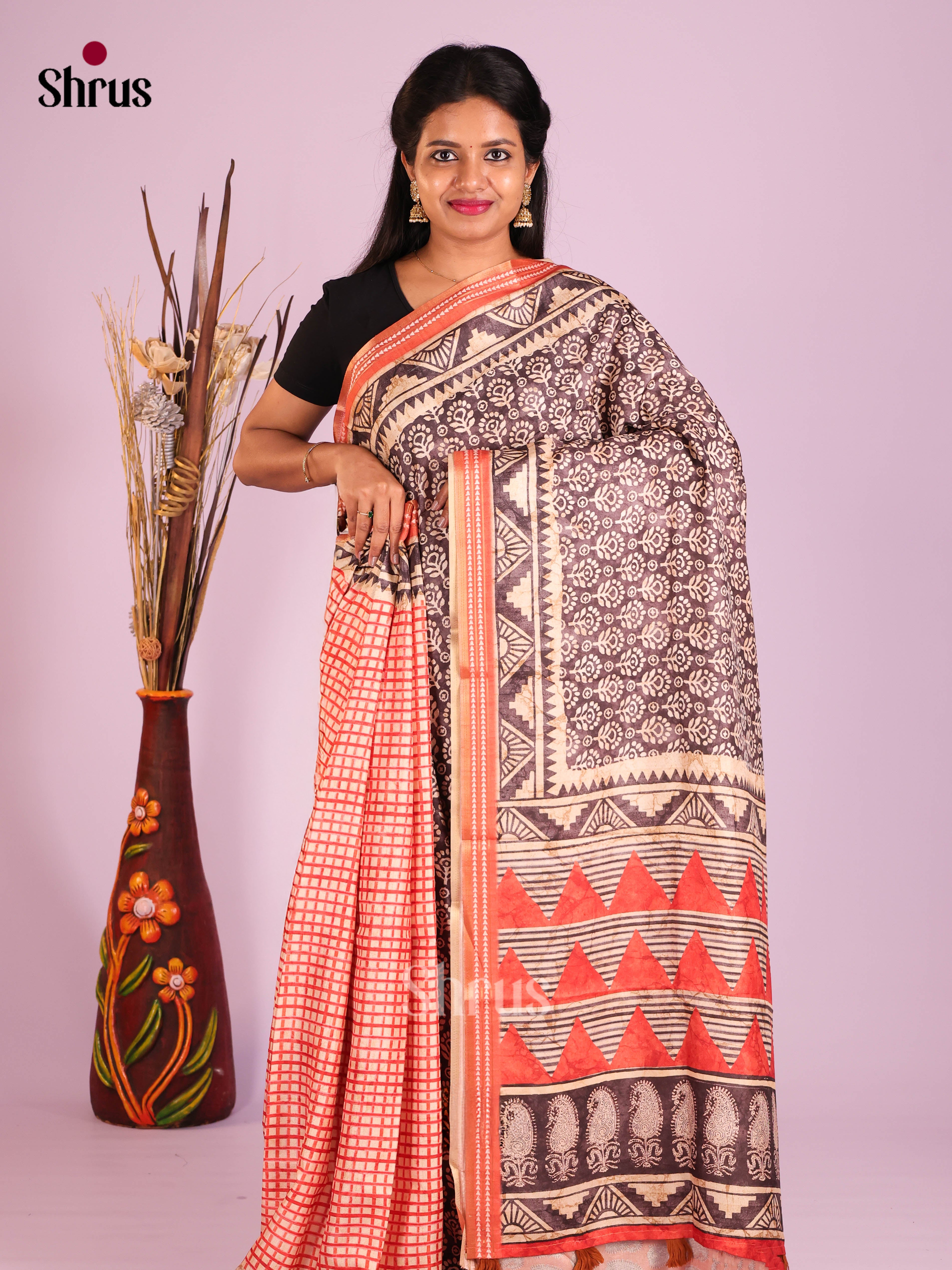 Brown & Orange - Semi matka Saree