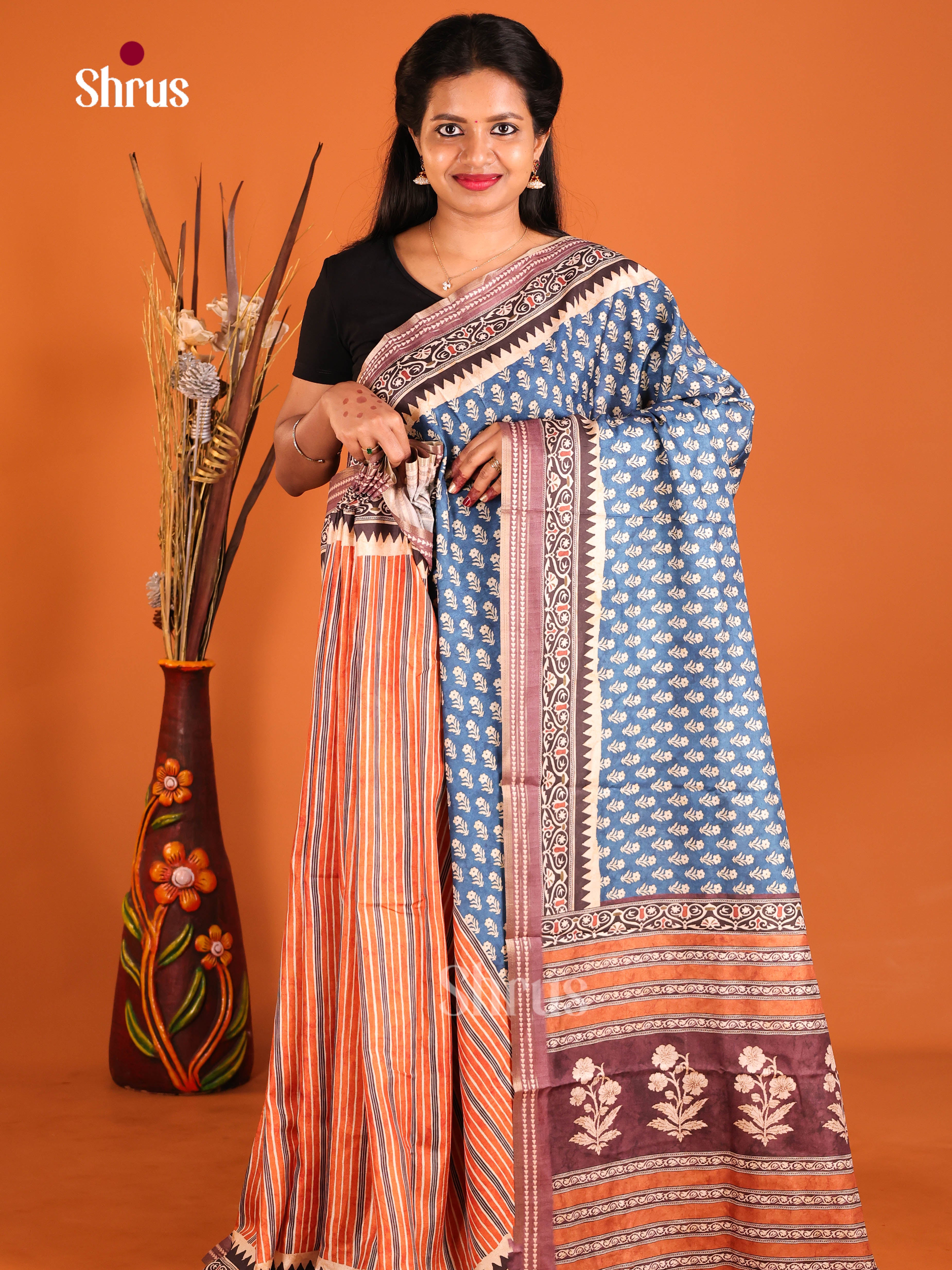 Blue & Orange - Semi matka Saree