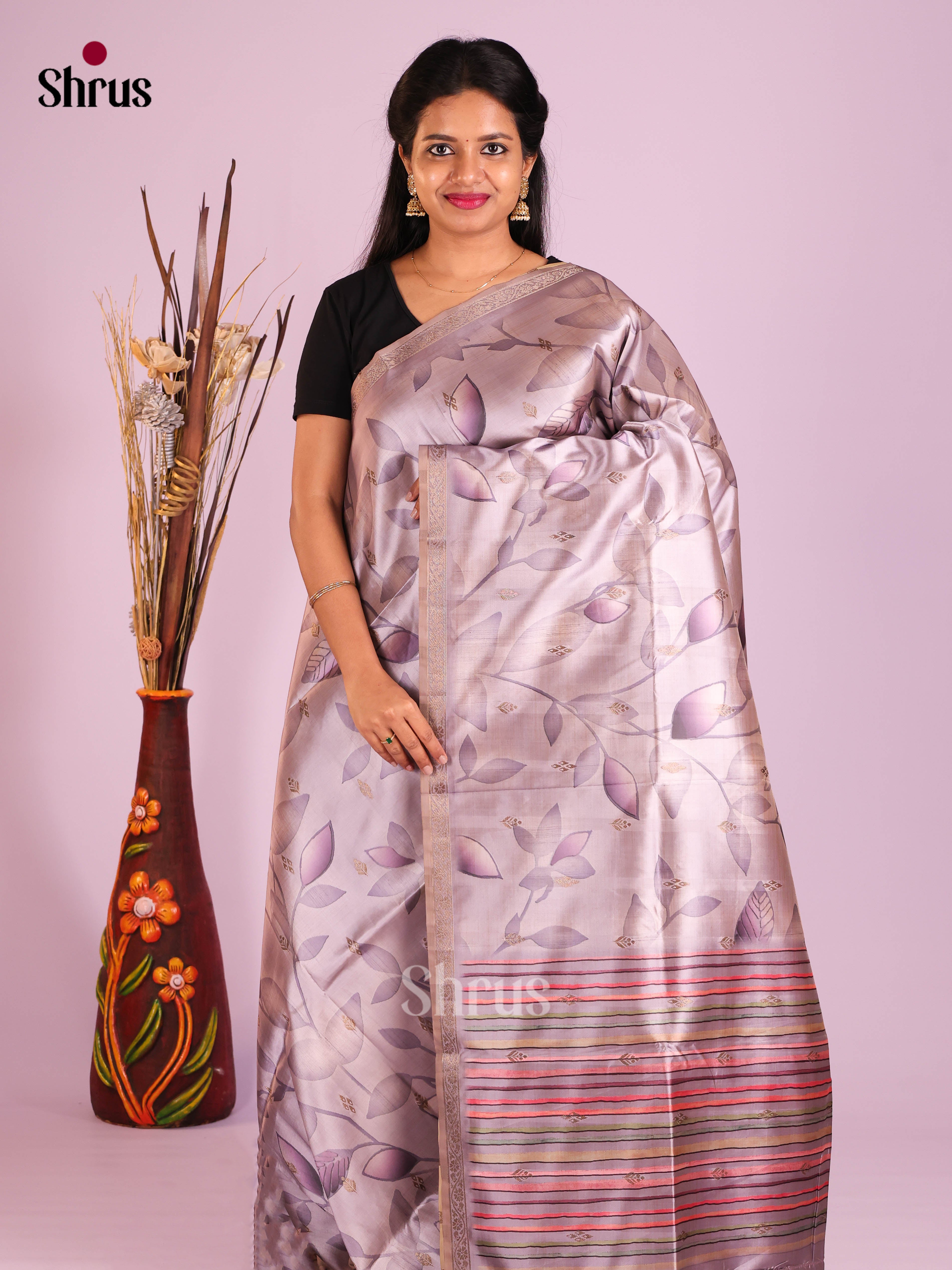 Purple & Grey- Semi Dupion Saree