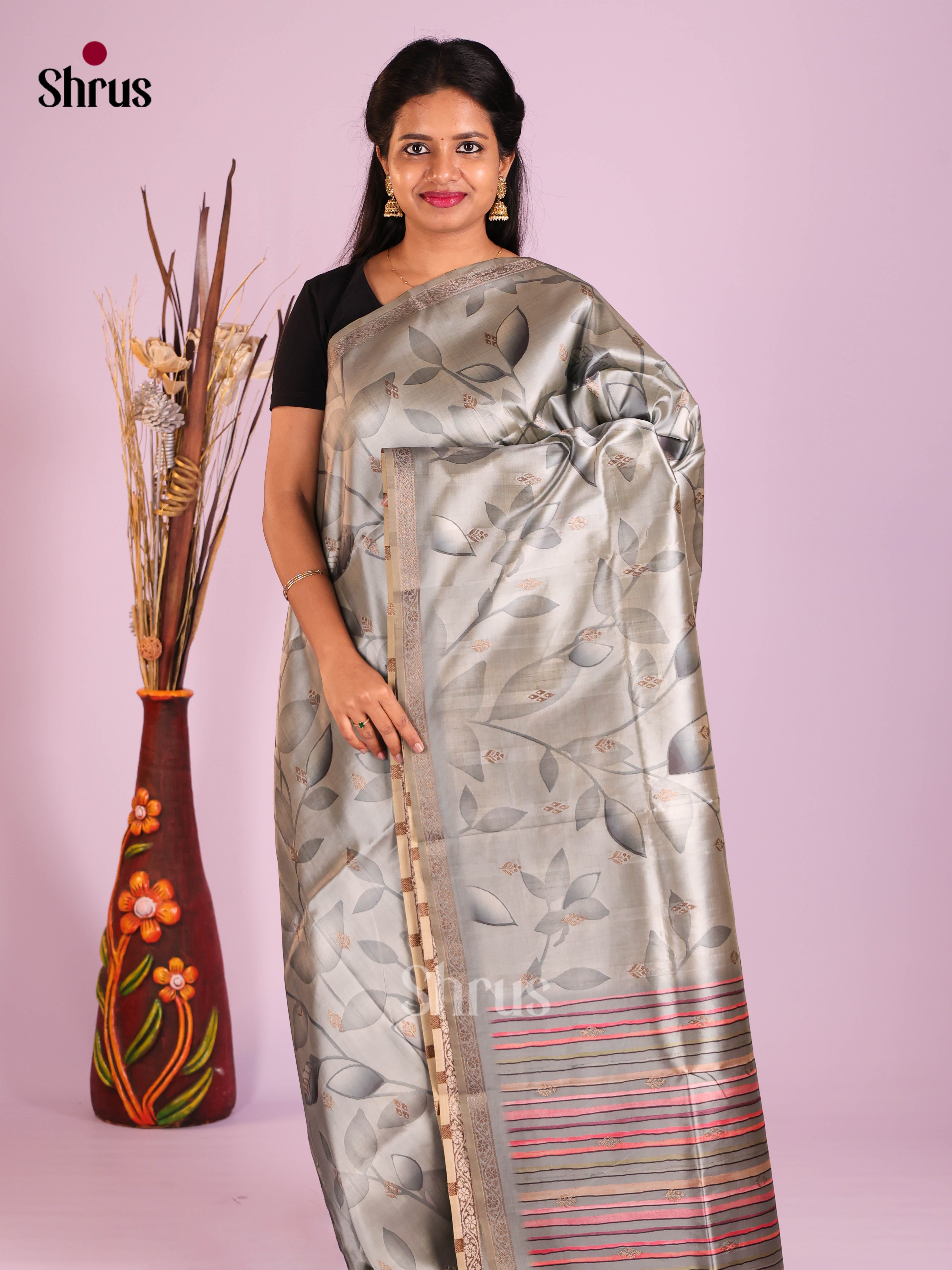 Grey - Semi Dupion Saree
