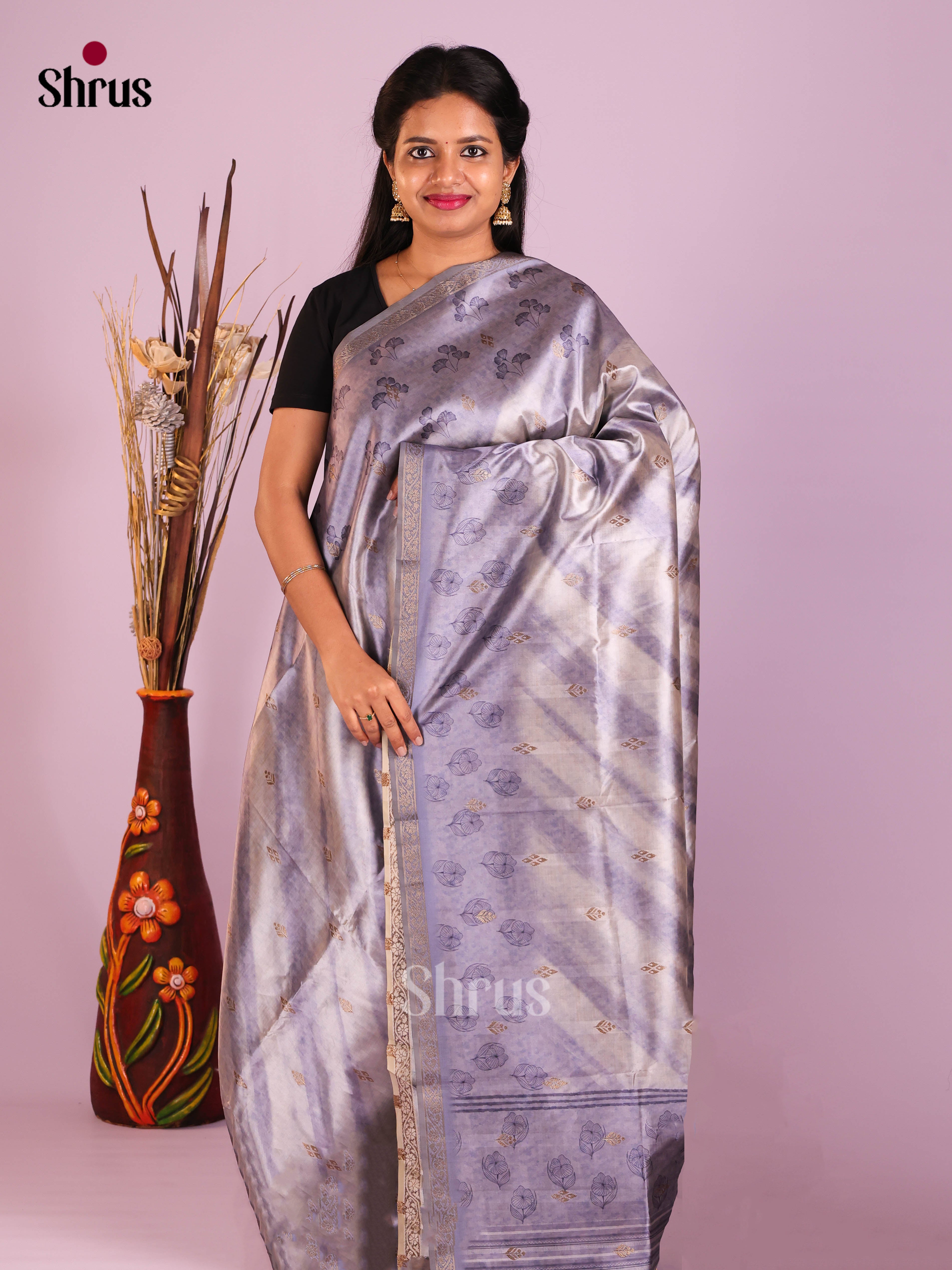 Grey & Blue - Semi Dupion Saree - Shop on Shrus.com