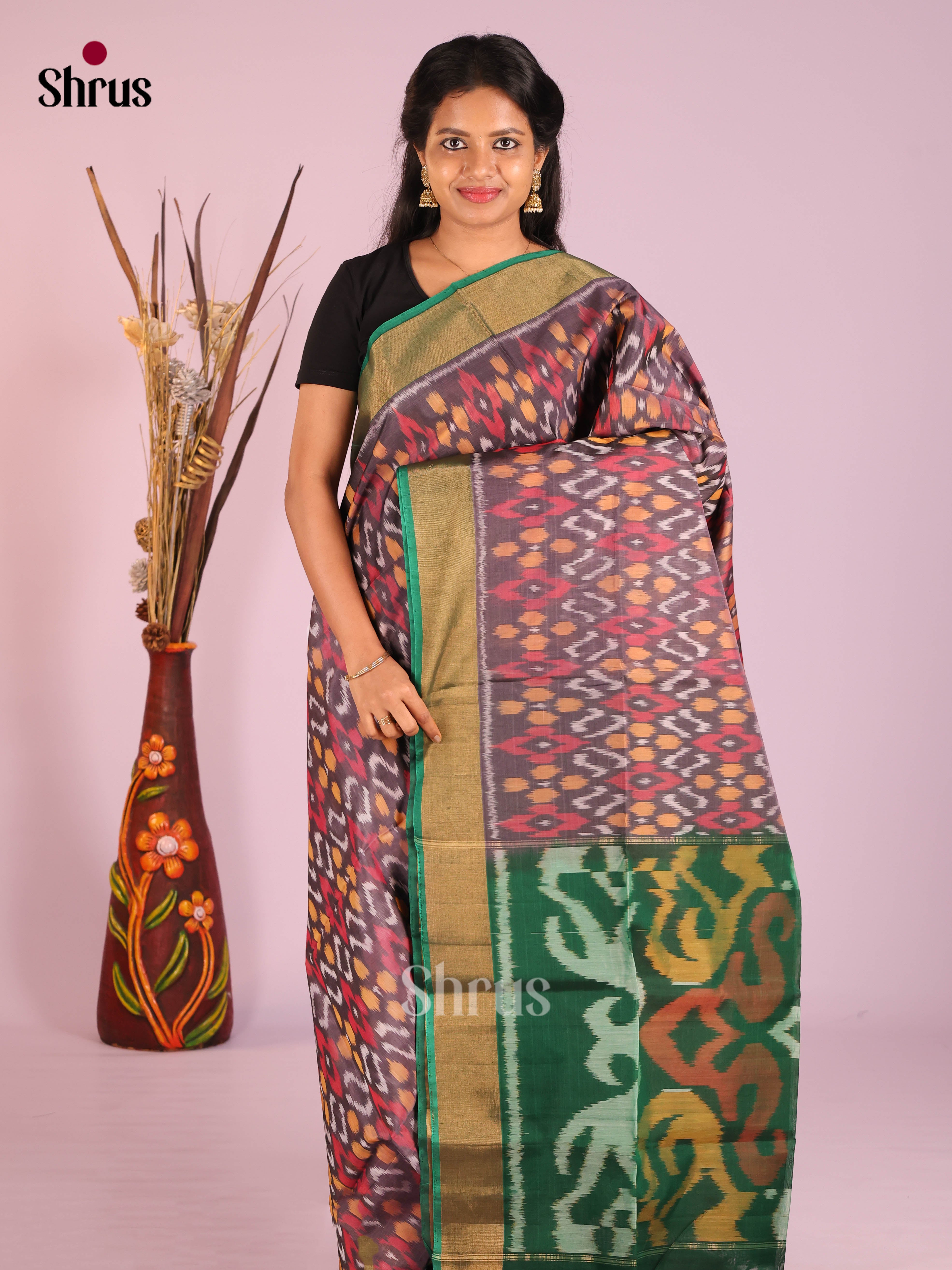 Grey & Green - Pochampally sico Saree