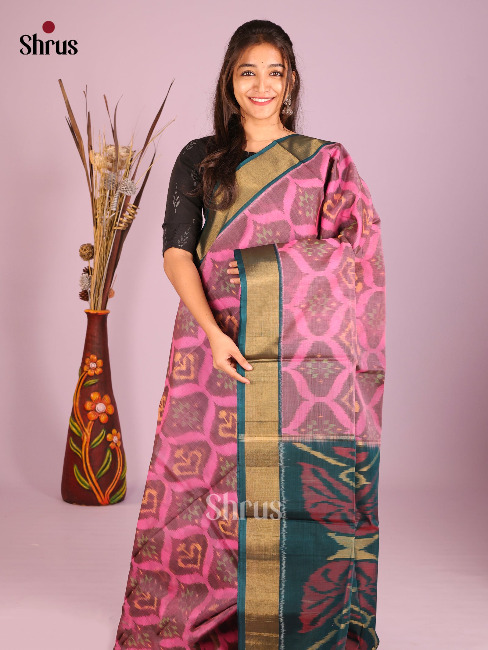 Pink & Green - Pochampally sico Saree - Shop on Shrus.com