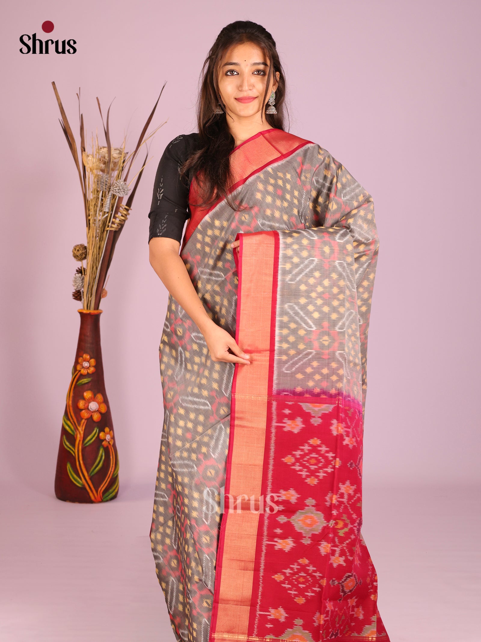 Grey & Red - Pochampally sico Saree - Shop on Shrus.com