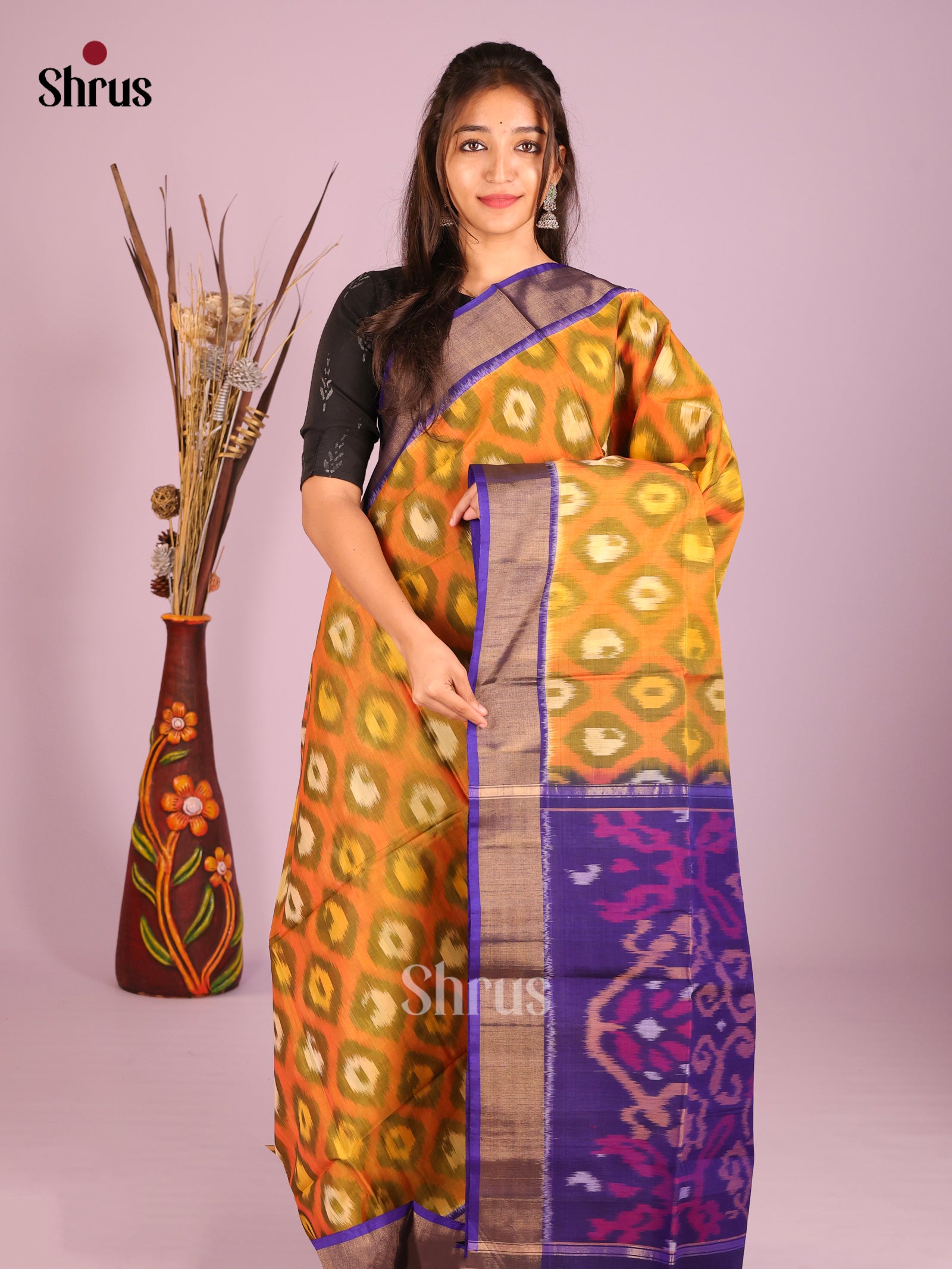 Earthy Orange Pochampally Saree With Royal Blue Zari Border