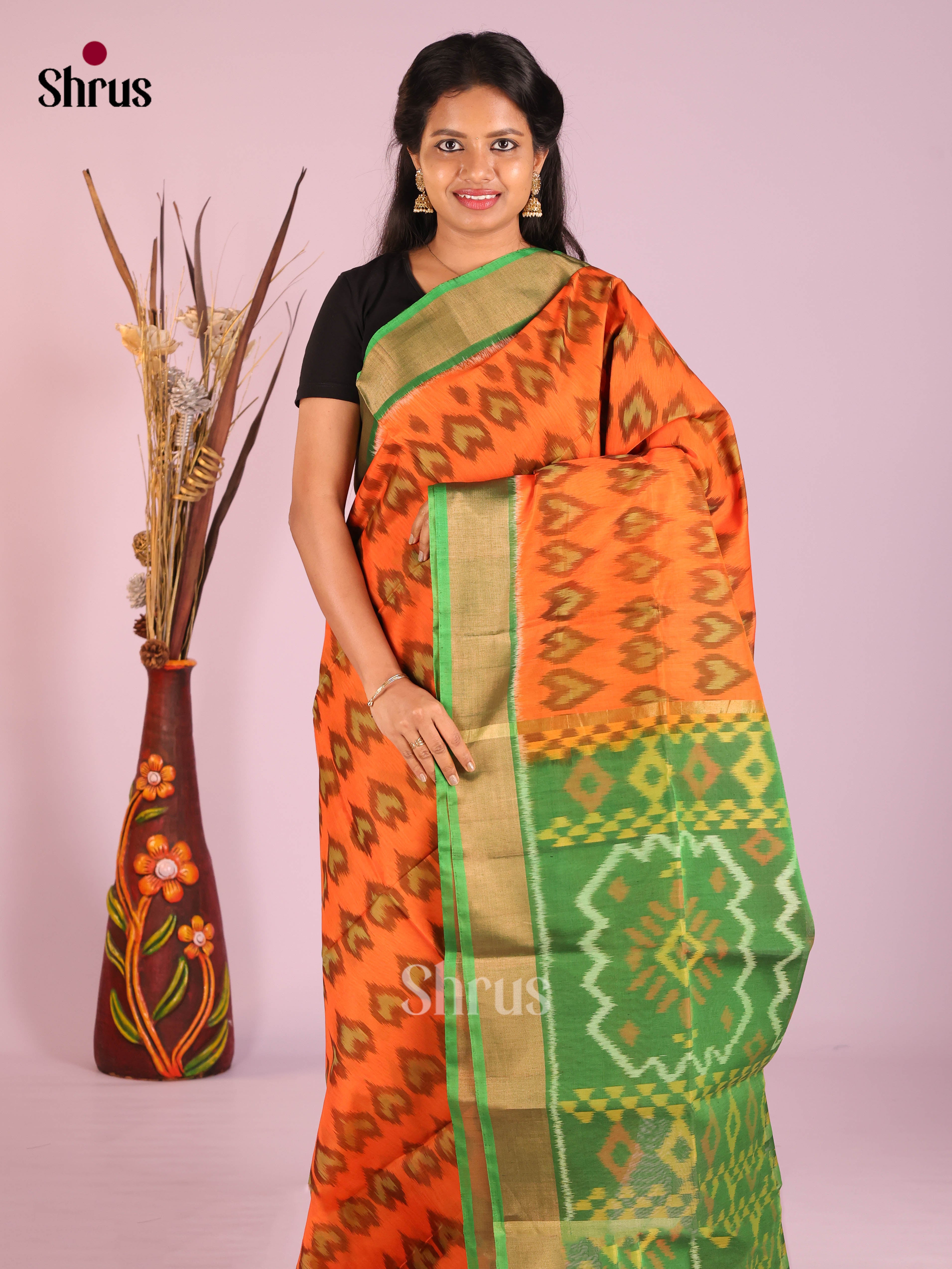 Radiant Orange Pochampally Saree In Silk Cotton With Light Green Ikkat Pallu