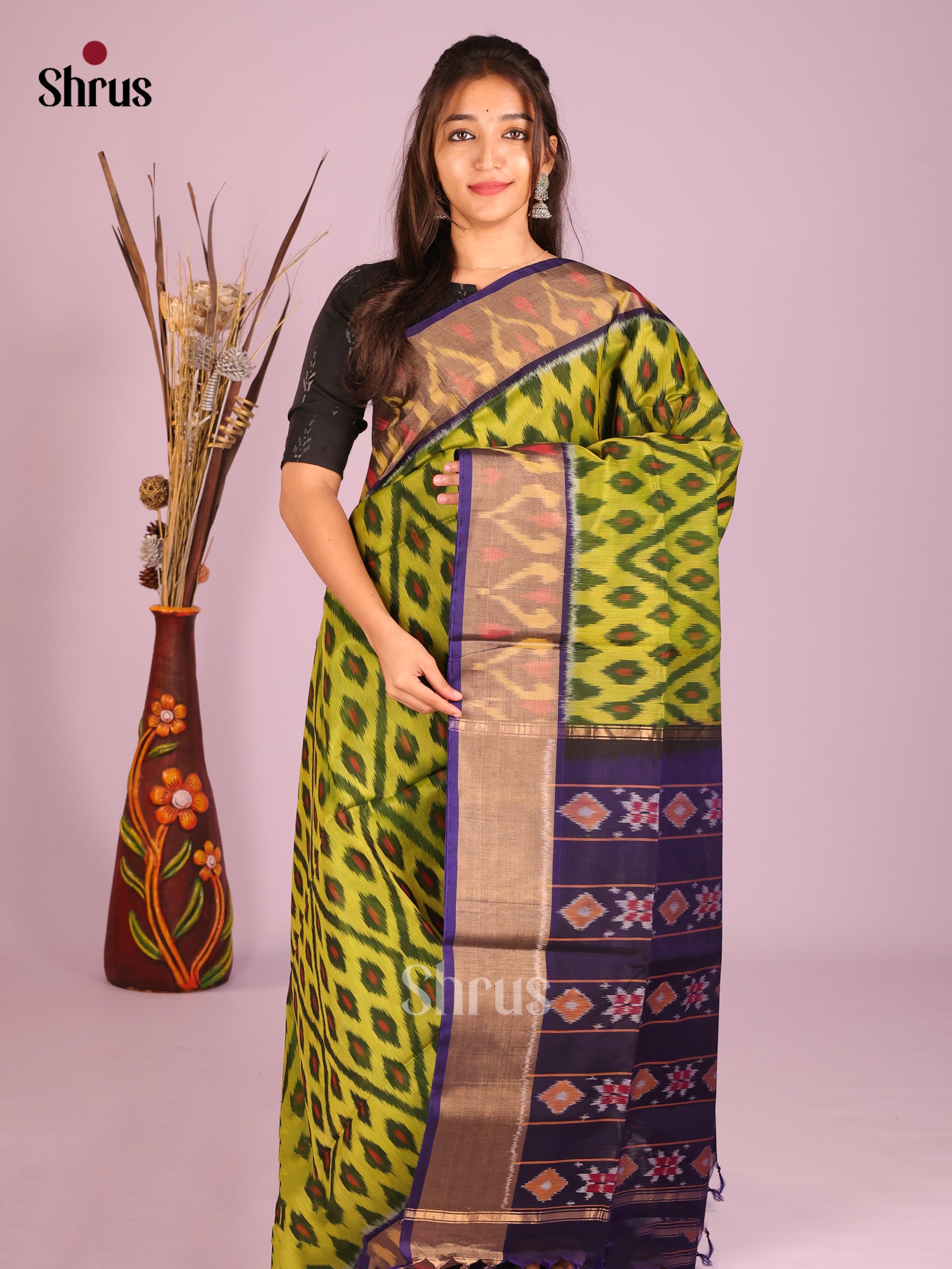 Lime Green & Blue  - Pochampally sico Saree