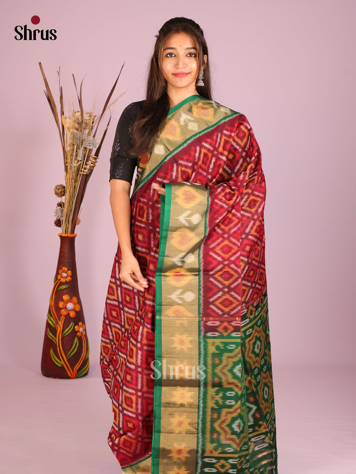 Maroon  & Green - Pochampally sico Saree - Shop on Shrus.com