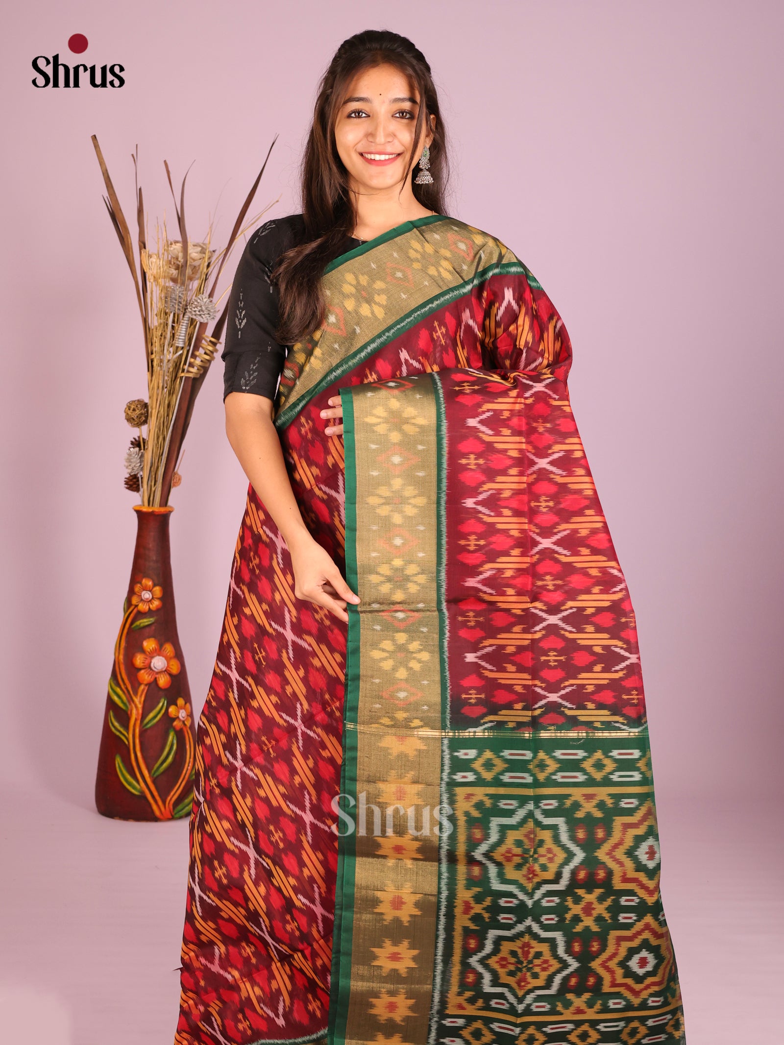Classic Maroon Pochampally Silk Cotton Saree with Geometric & Floral Motifs