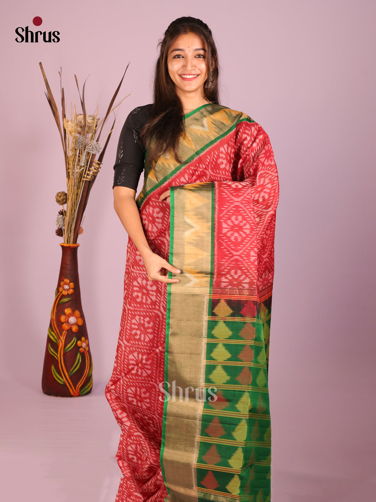 Red & Green- Pochampally sico Saree - Shop on Shrus.com