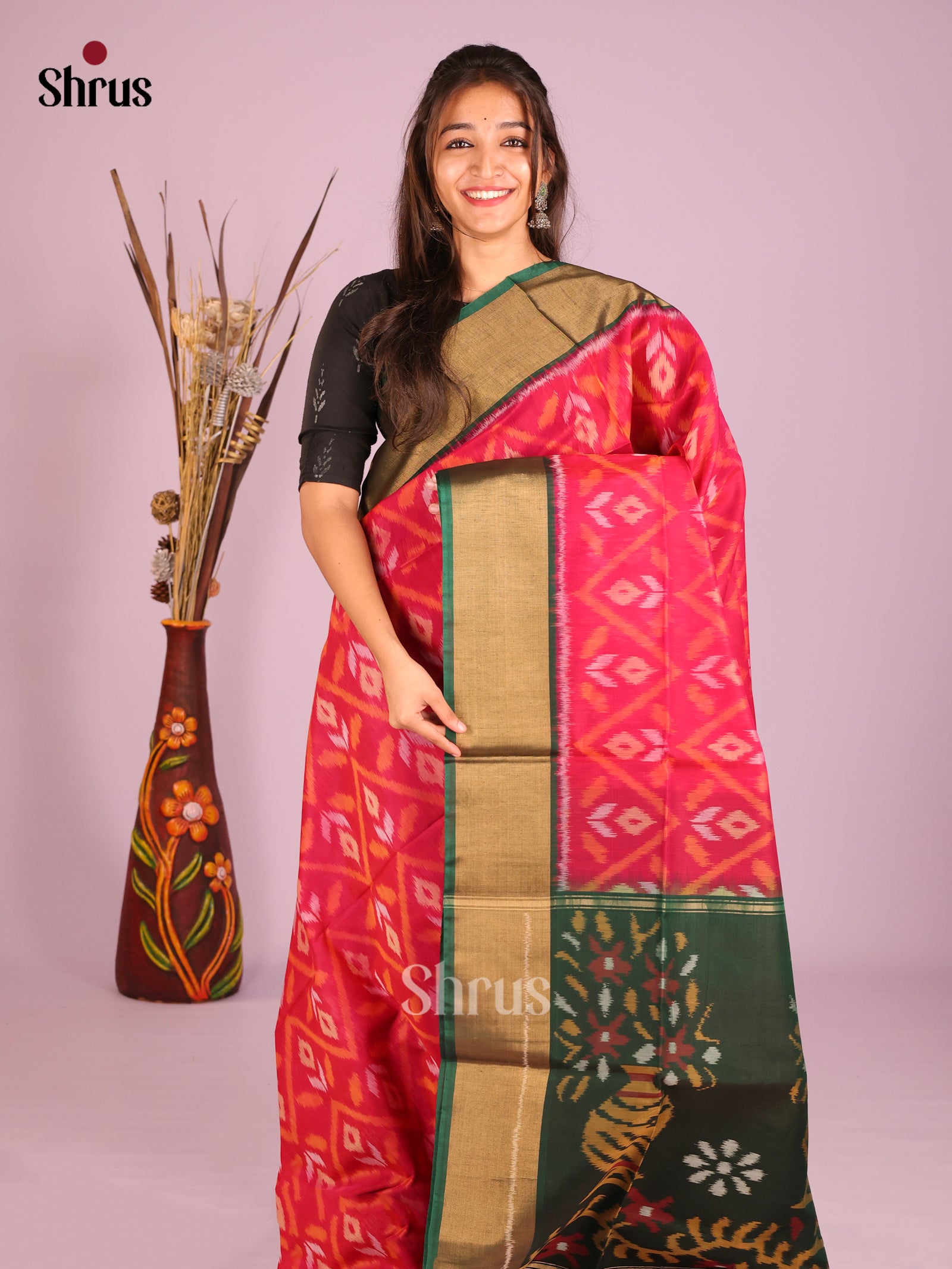 Striking Rani Pink Pochampally Saree In Silk Cotton With Green ZaRI BORDER