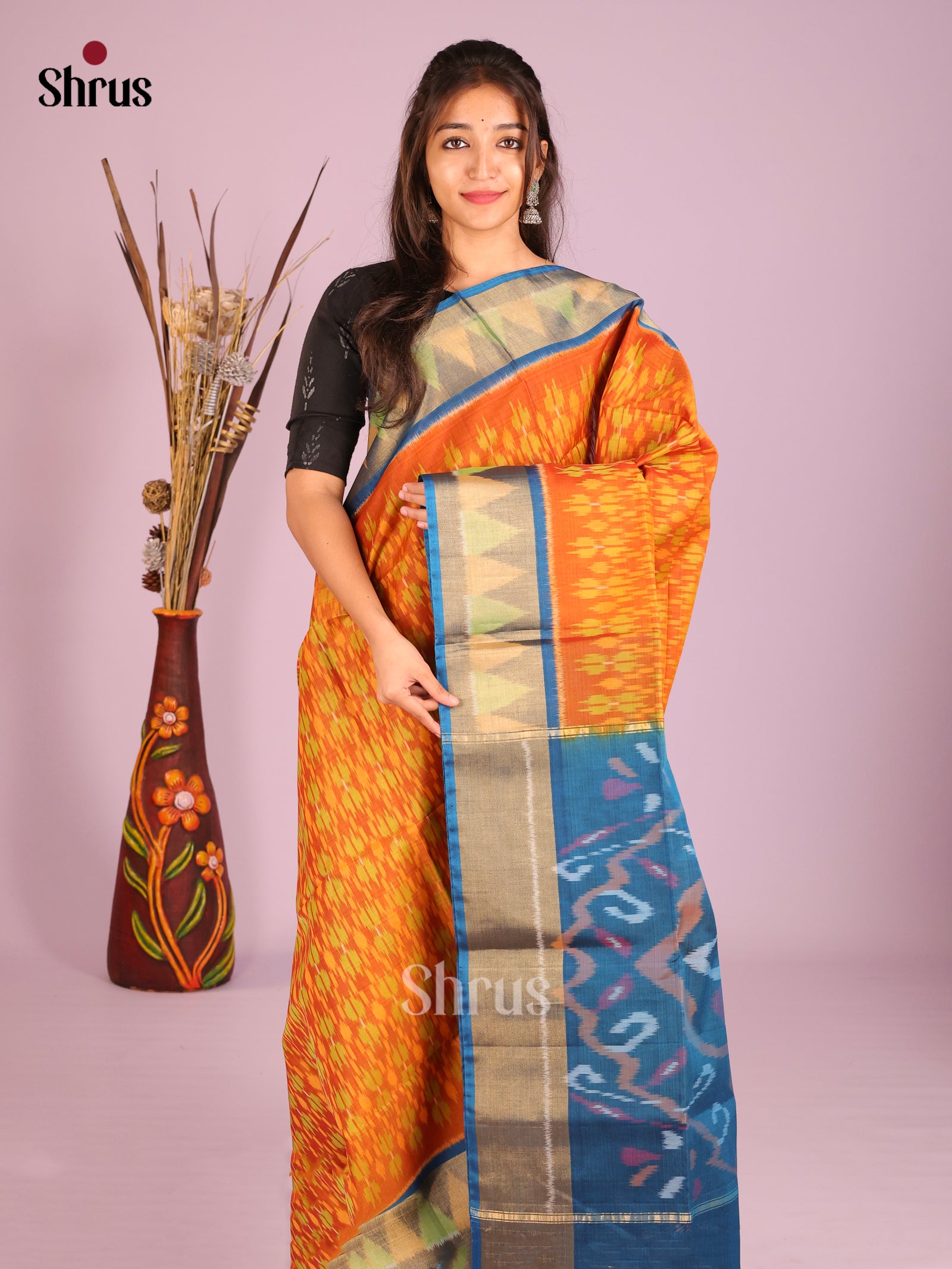 Orange & Blue - Pochampally sico Saree - Shop on Shrus.com