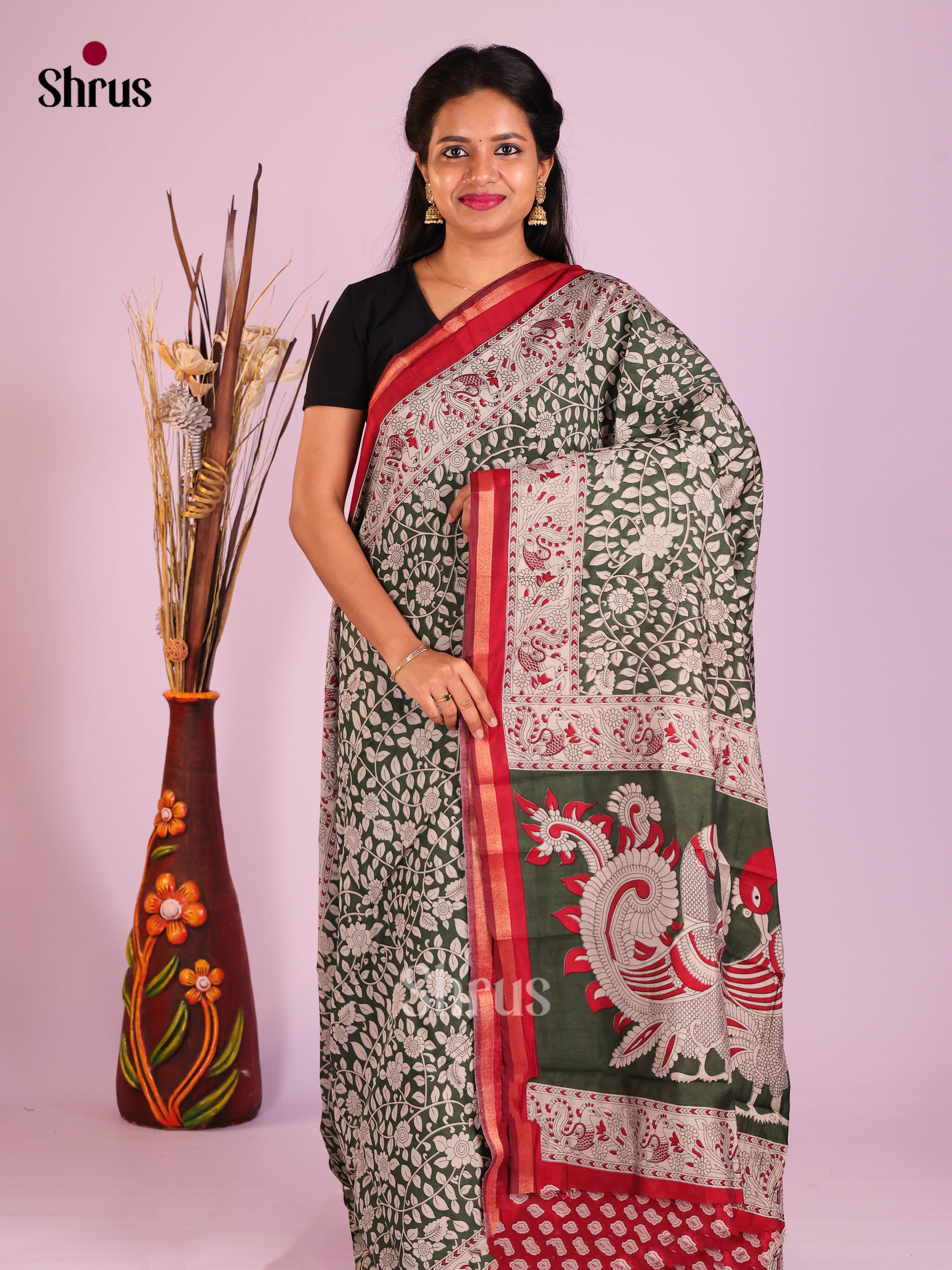Green & Red - Art Modal Saree - Shop on Shrus.com
