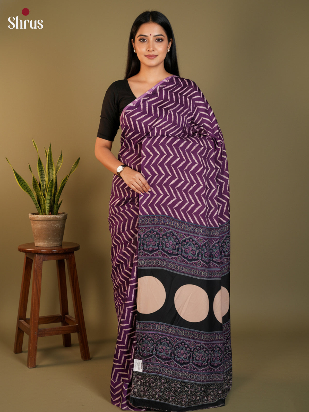 Purple & Black - Semi Modal  Saree - Shop on Shrus.com