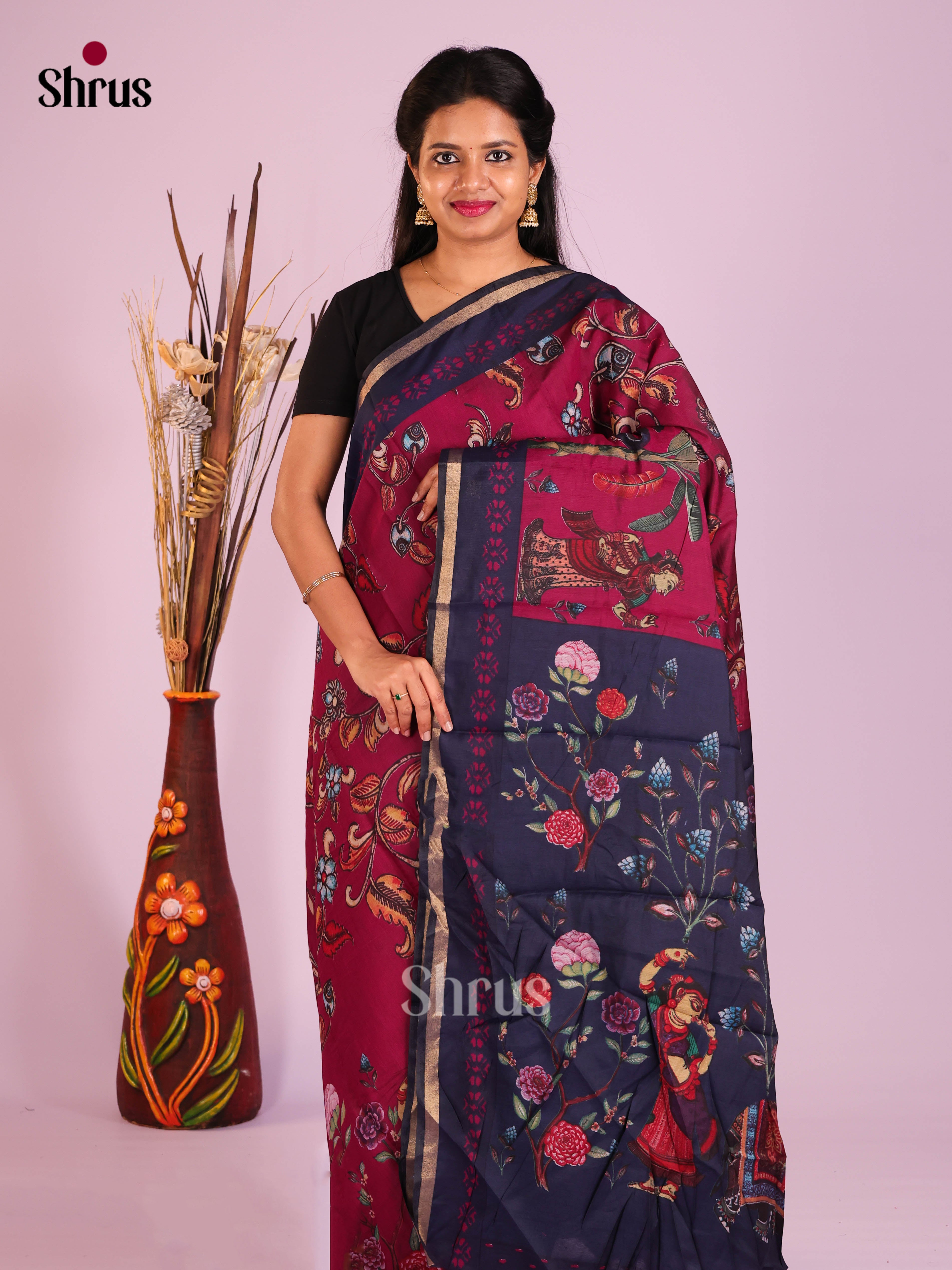 Maroon & Blue - Art Modal Saree - Shop on Shrus.com