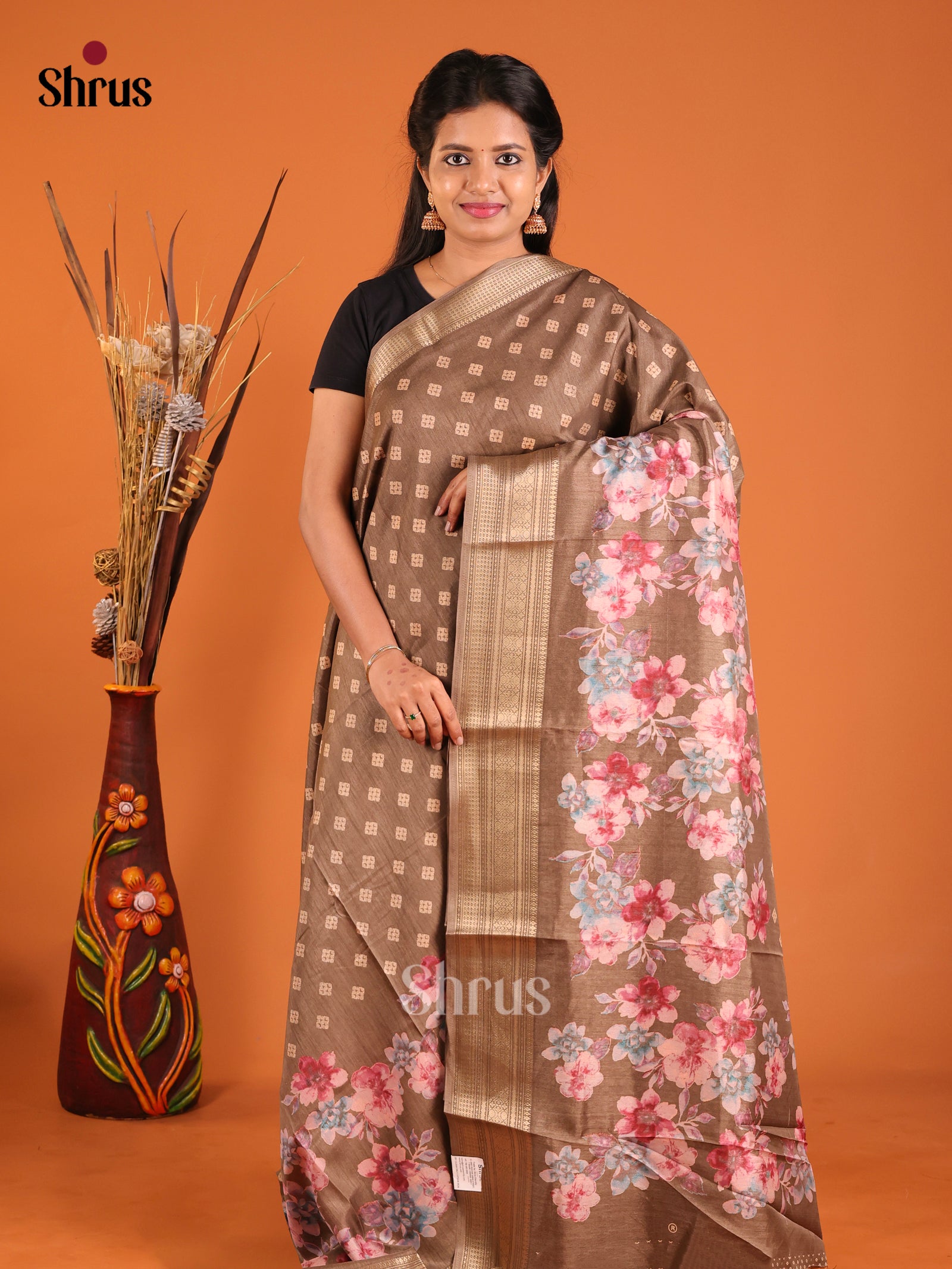 Brown - Semi Crepe Saree