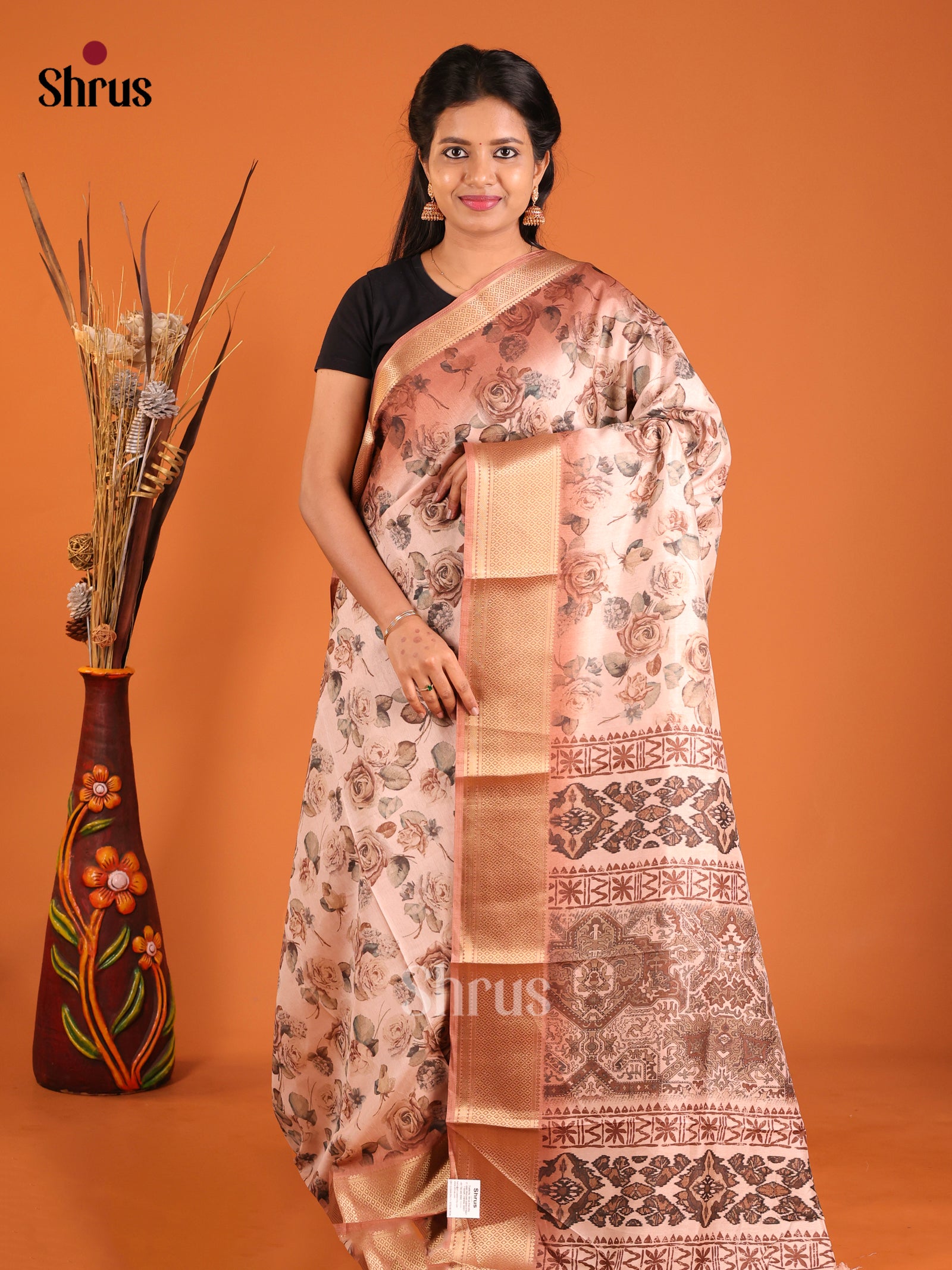 Cream & Brown - Semi Crepe Saree