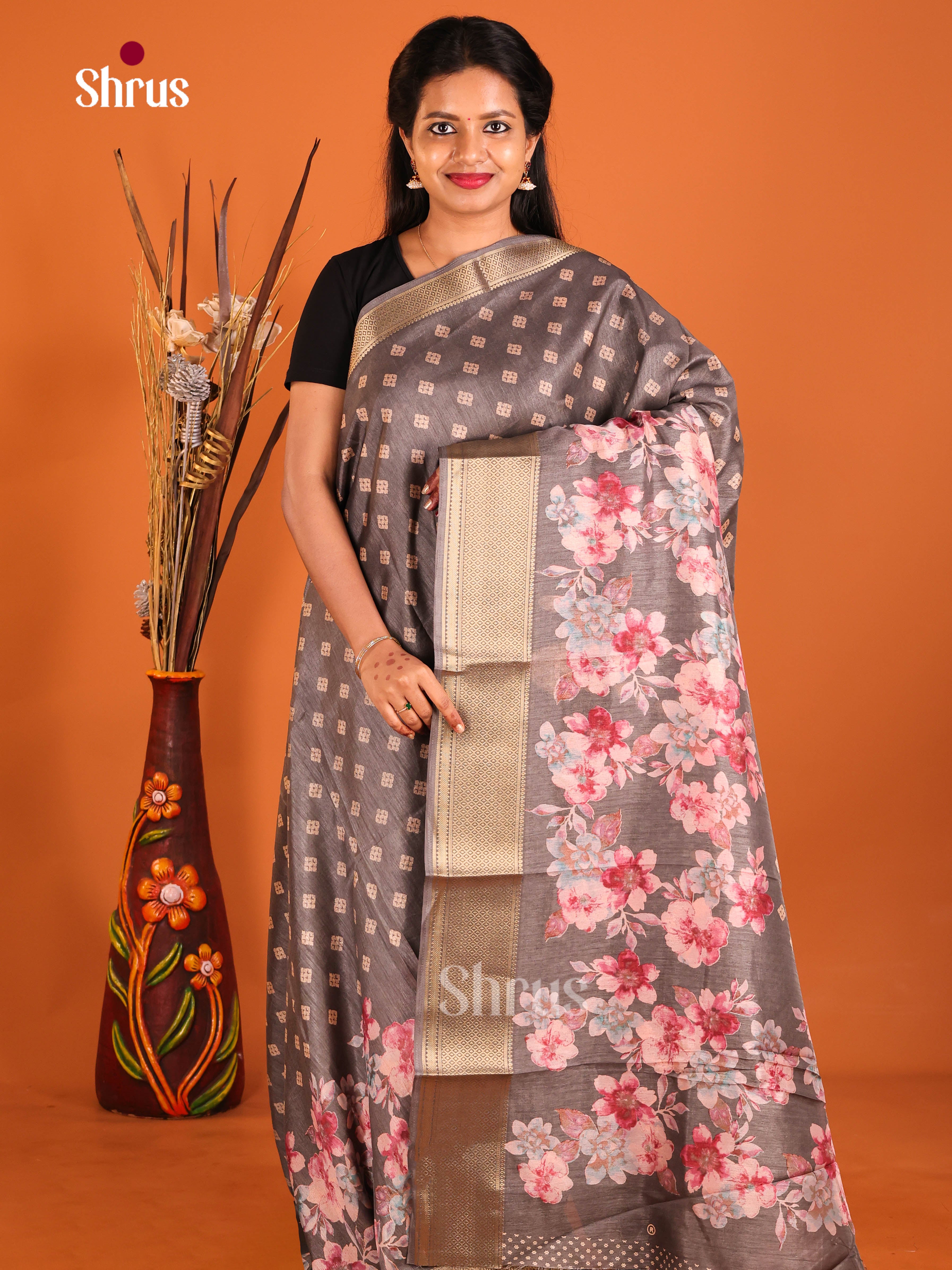 Grey - Semi Crepe Saree