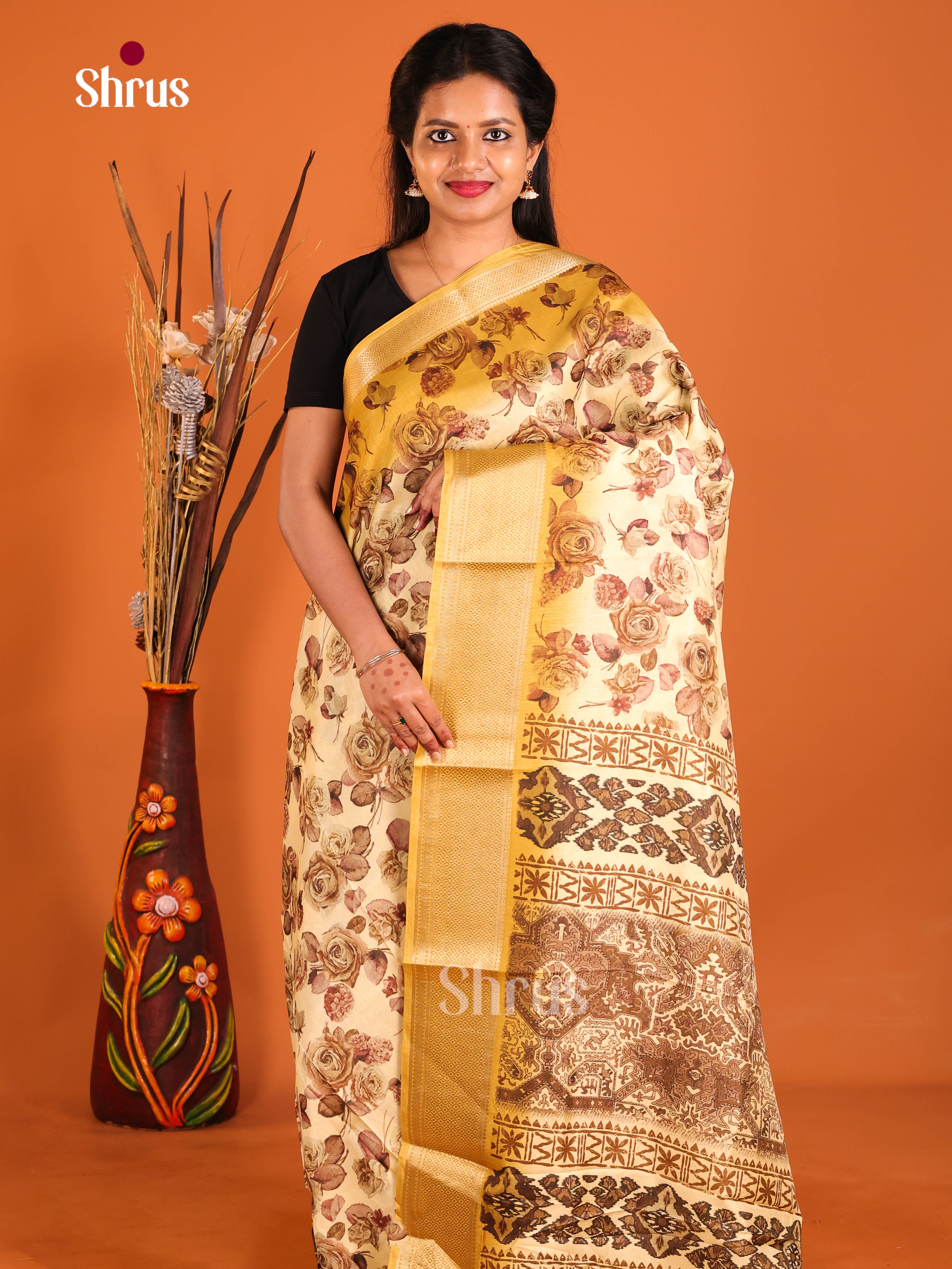 Cream & Yellow- Semi Crepe Saree - Shop on Shrus.com