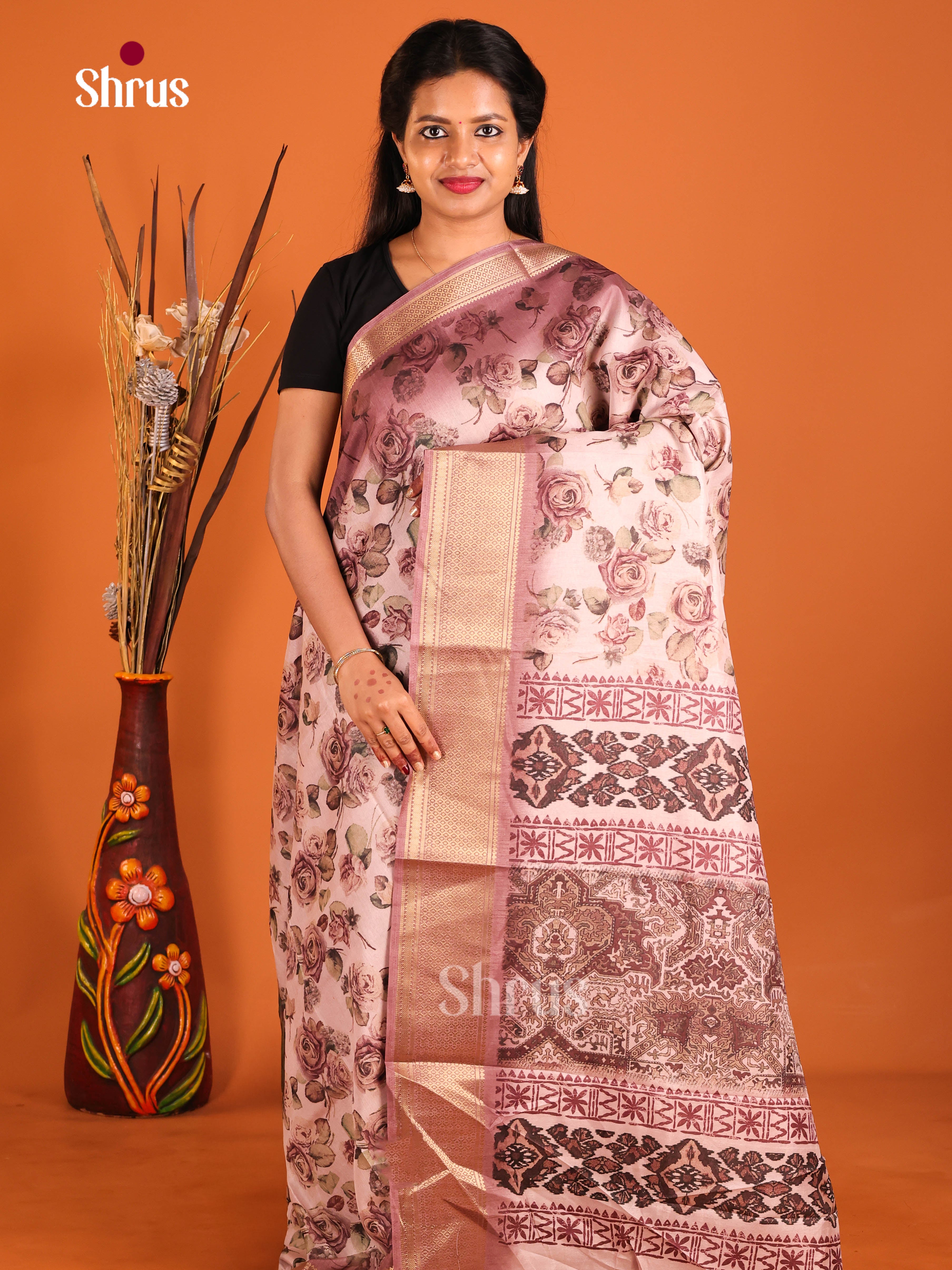 Cream & Brown - Semi Crepe Saree
