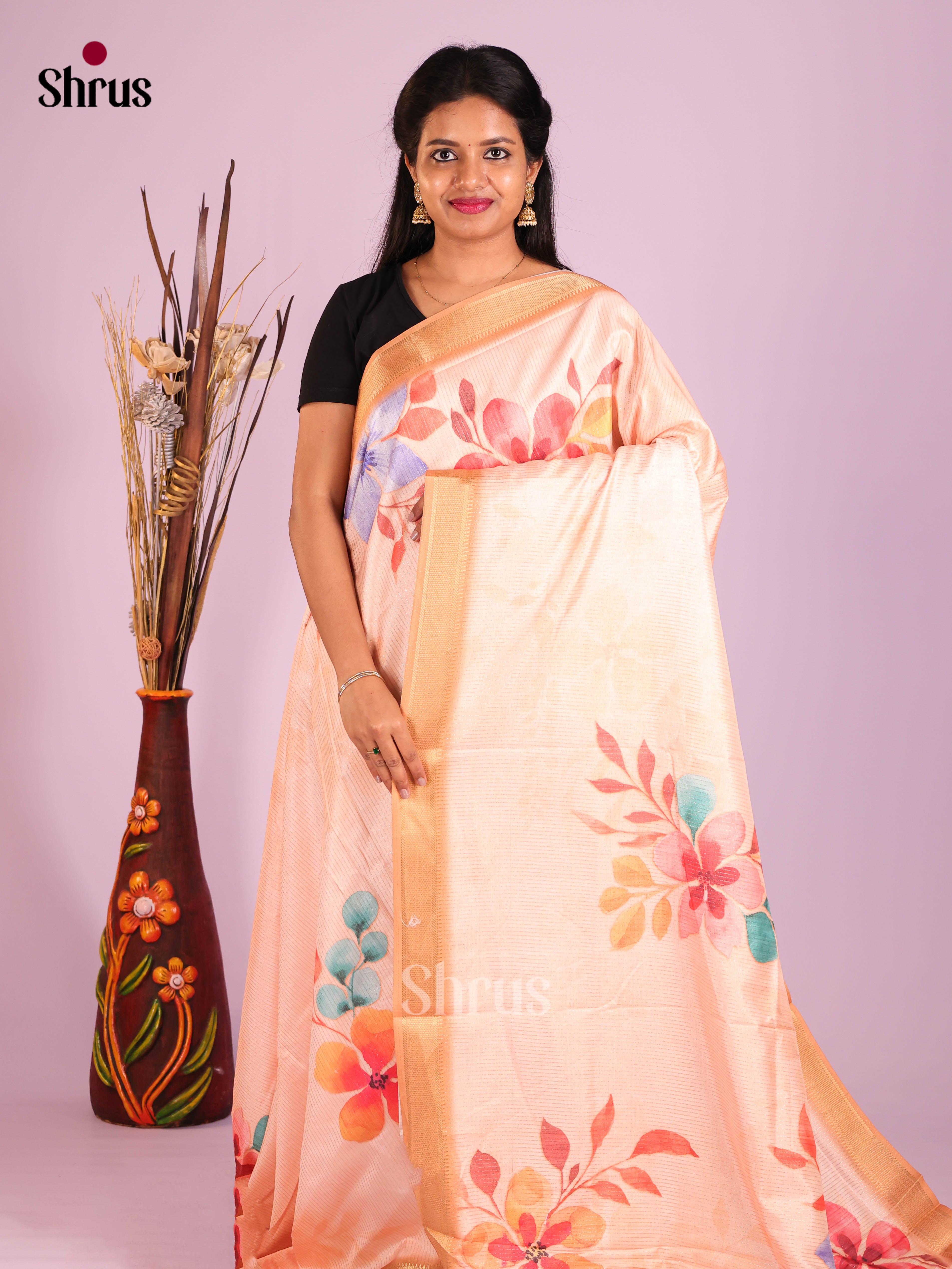 Cream & Brown  - Semi Dola silk Saree
