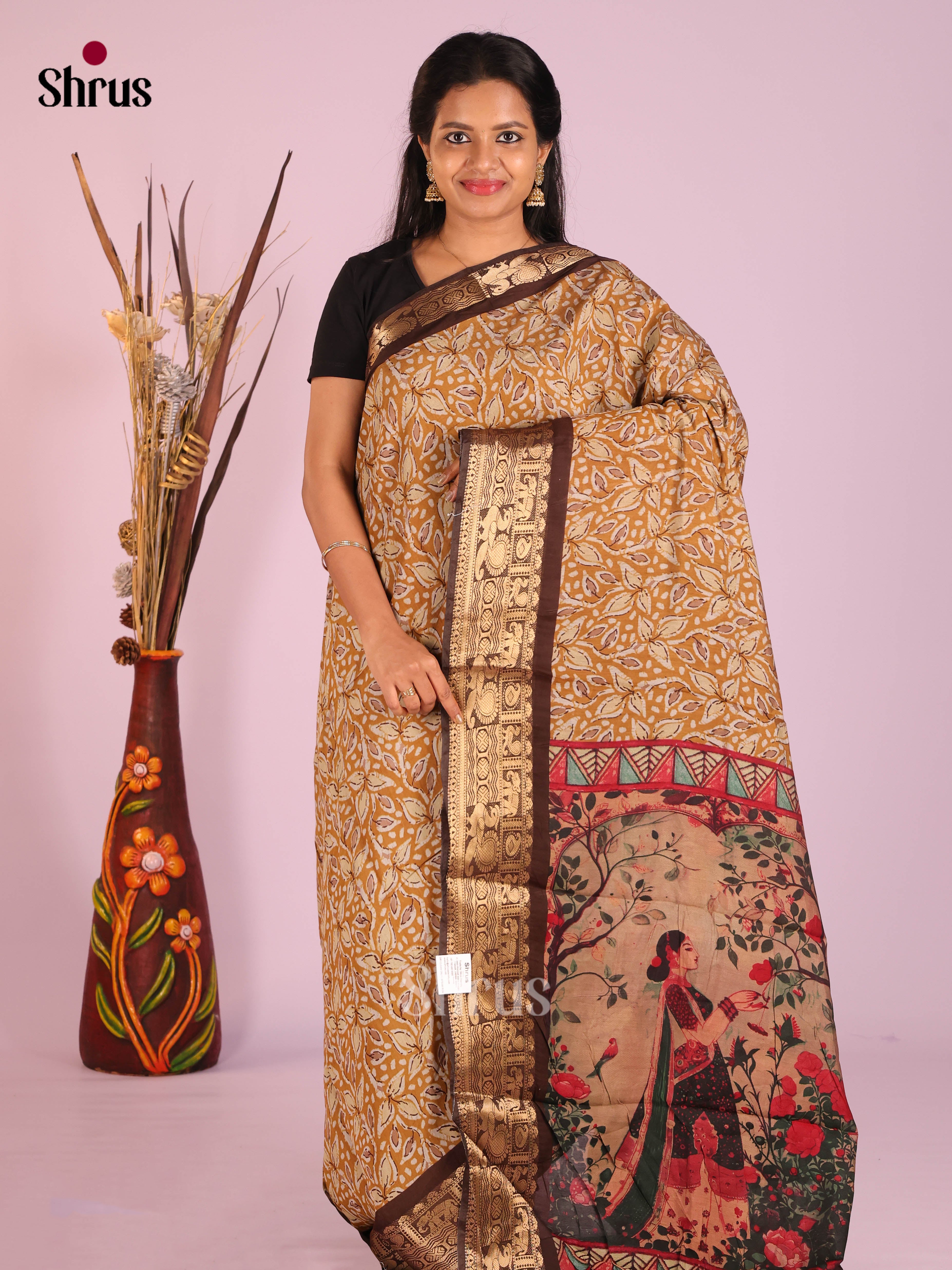 Mustard & Brown- Semi Modal  Saree - Shop on Shrus.com