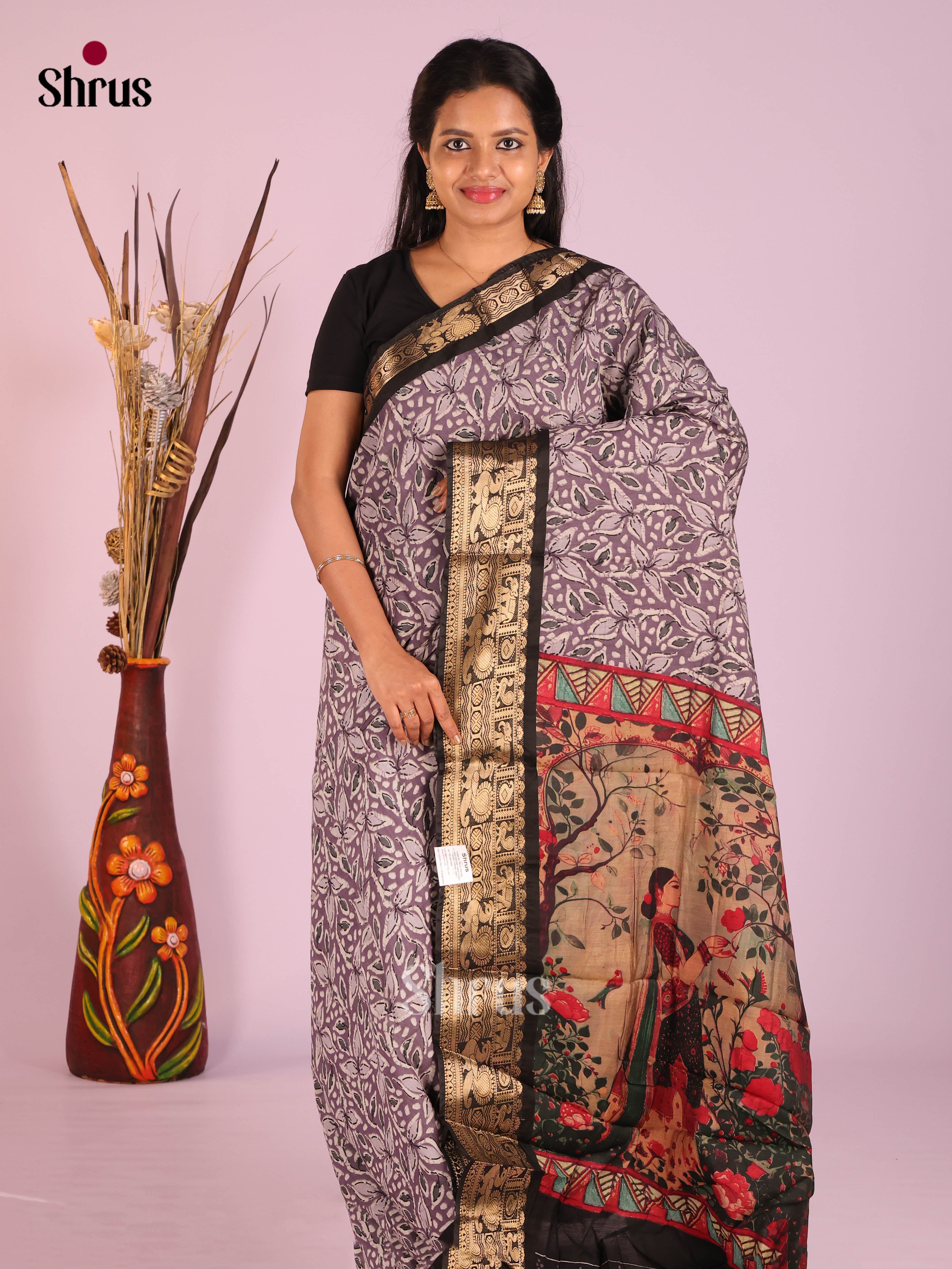 Lavender & Black - Semi Modal  Saree - Shop on Shrus.com