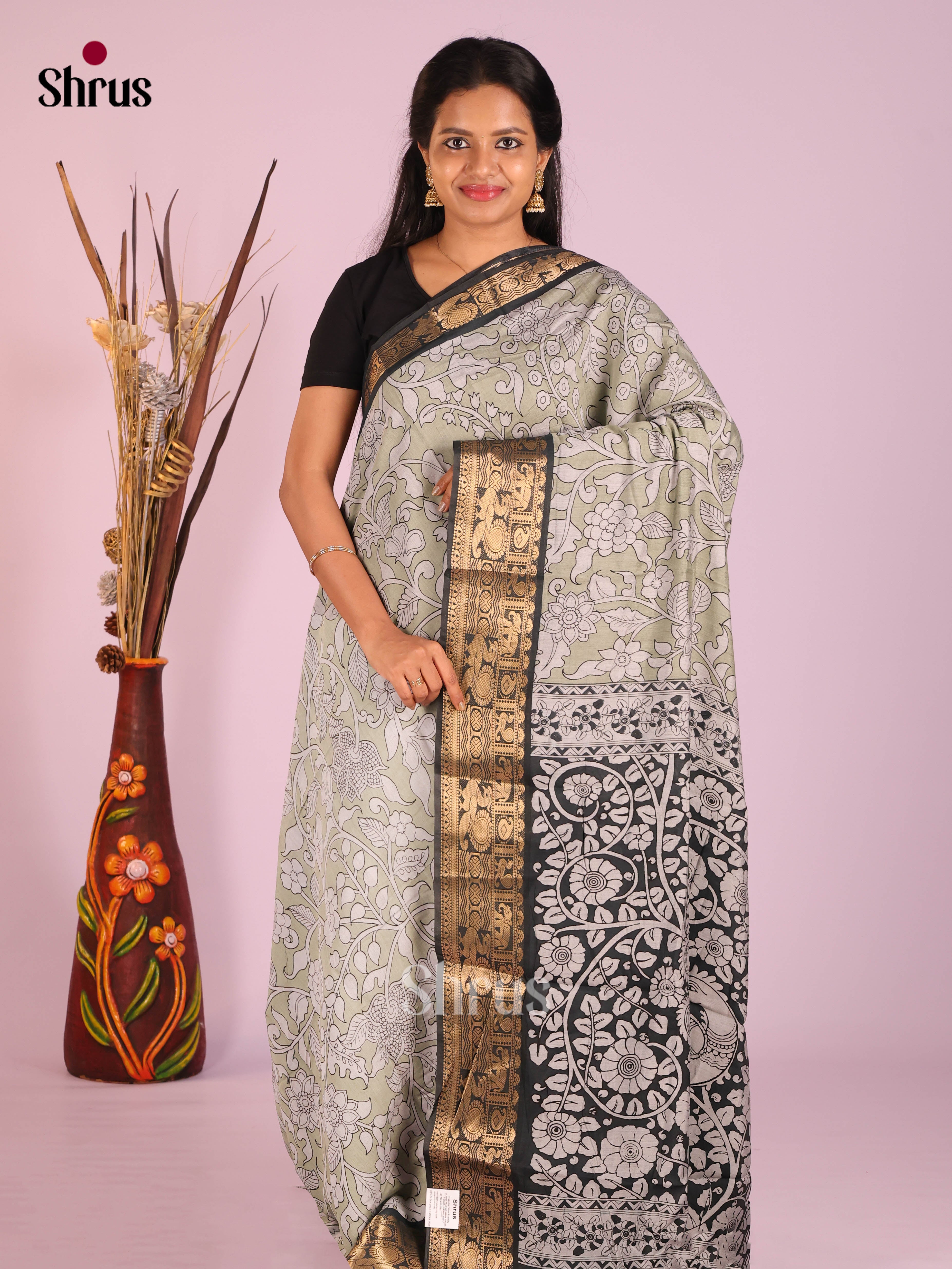 Grey Green & Black - Semi Modal  Saree