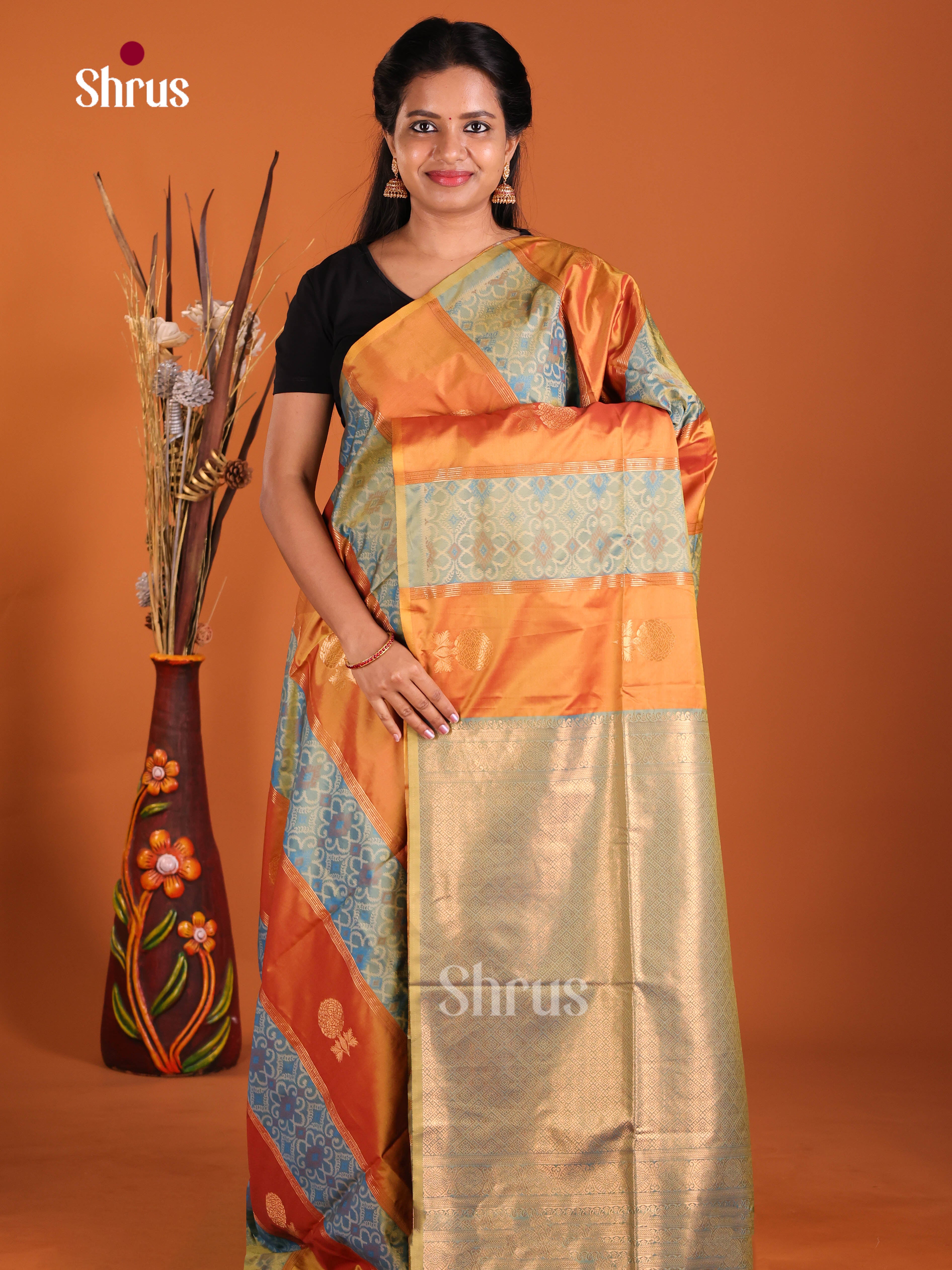 Orange & Blue- Semi Softsilk Saree