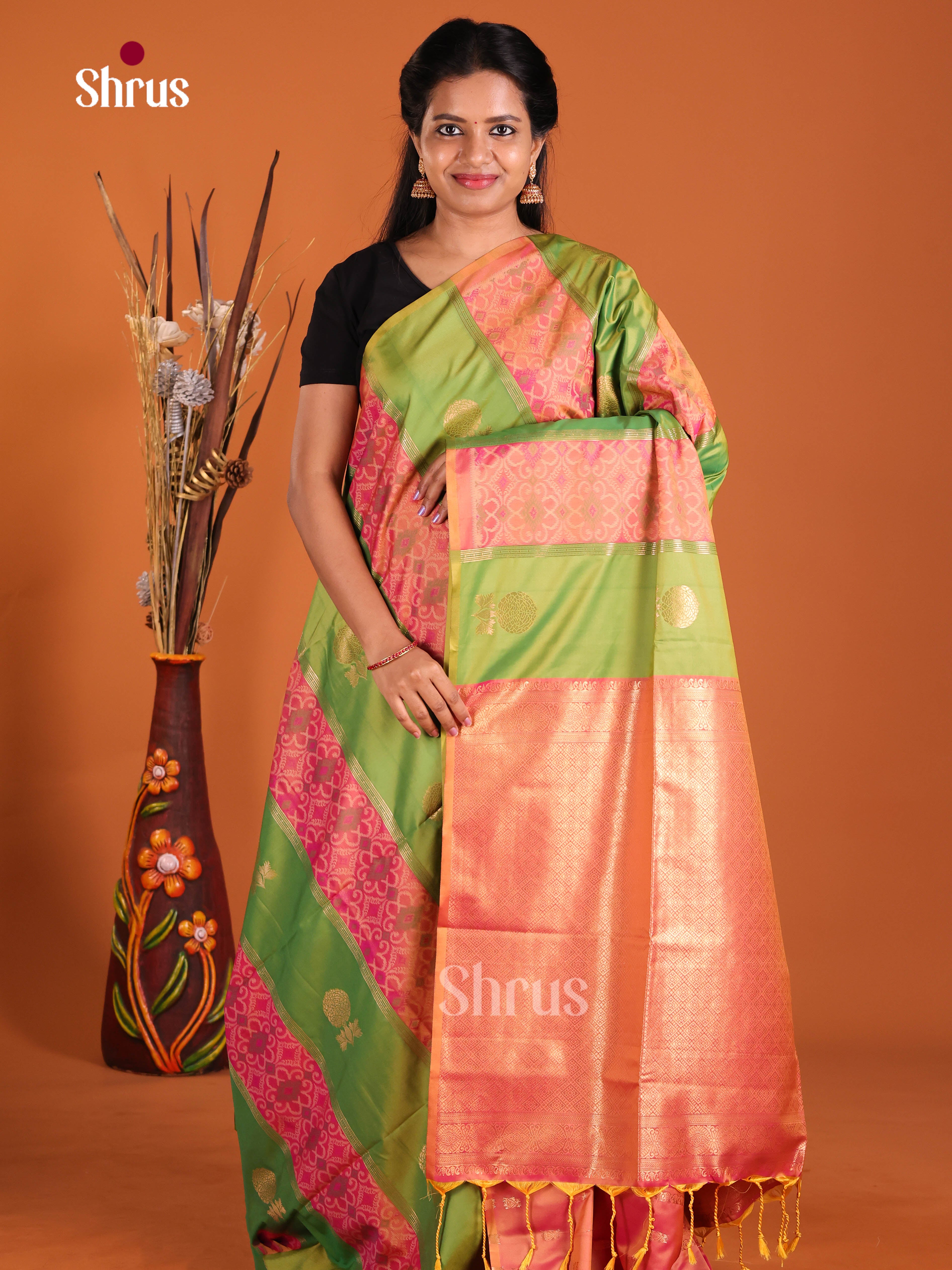 Green & Orange - Semi Softsilk Saree