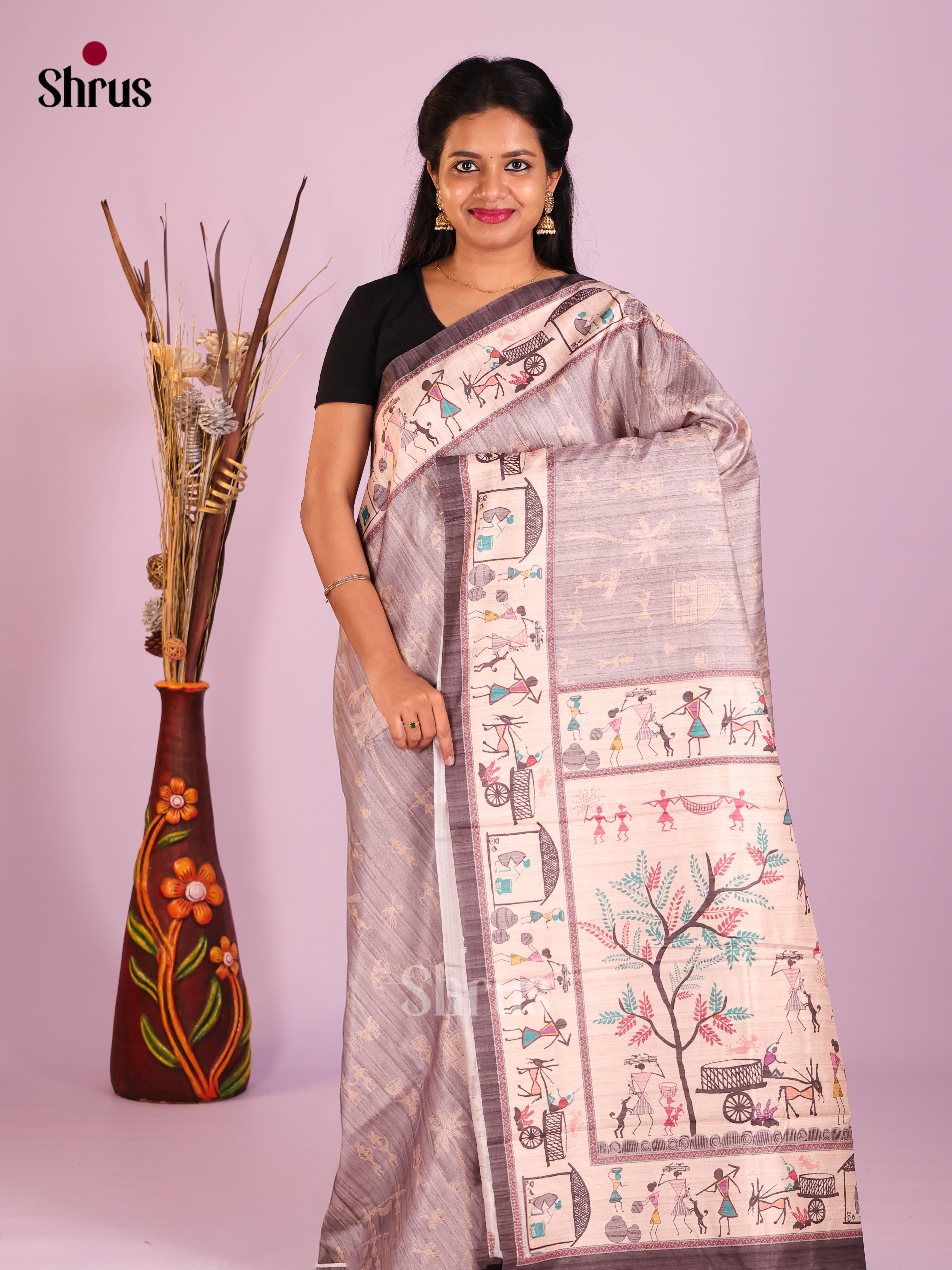 Grey & Black- Semi Modal  Saree