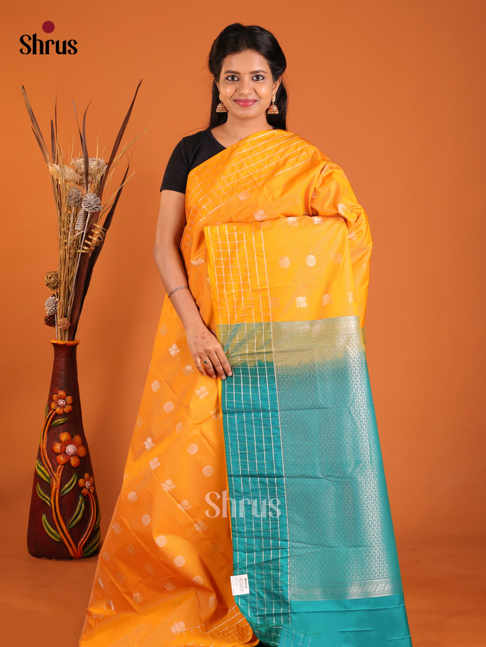 Mustard & Green - Semi Kanchipuram Saree - Shop on Shrus.com
