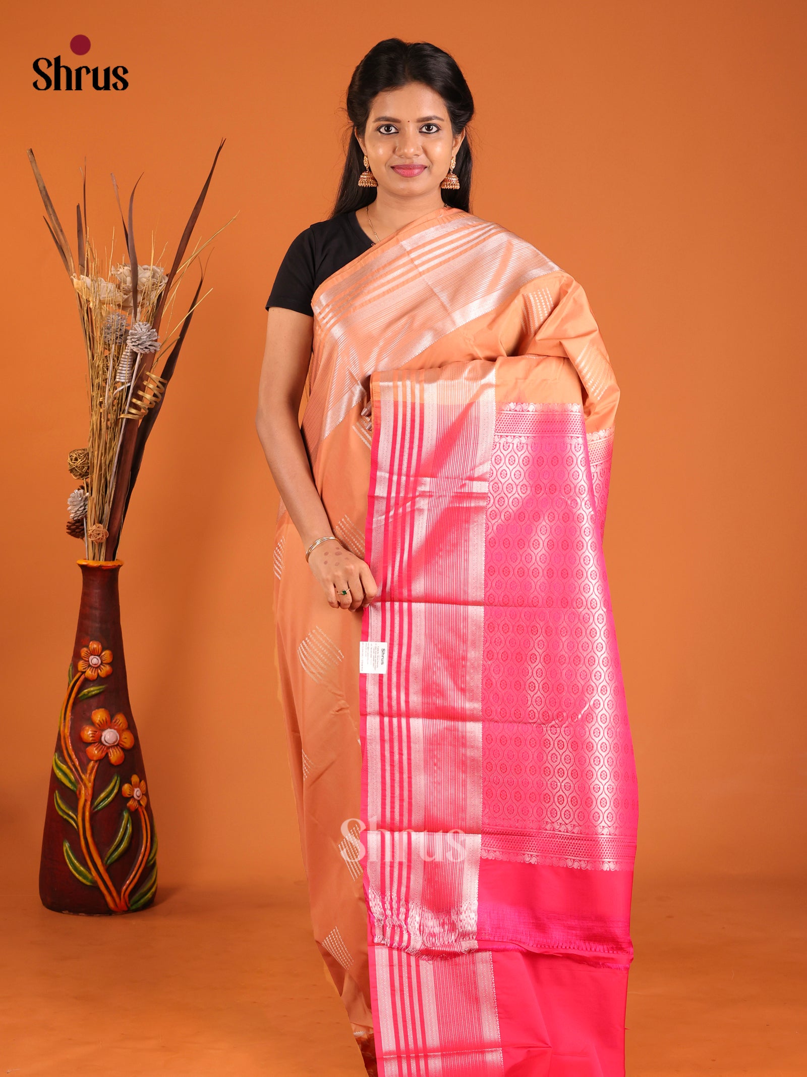 Dusty Brown &  Pink - Semi Kanchipuram Saree - Shop on Shrus.com