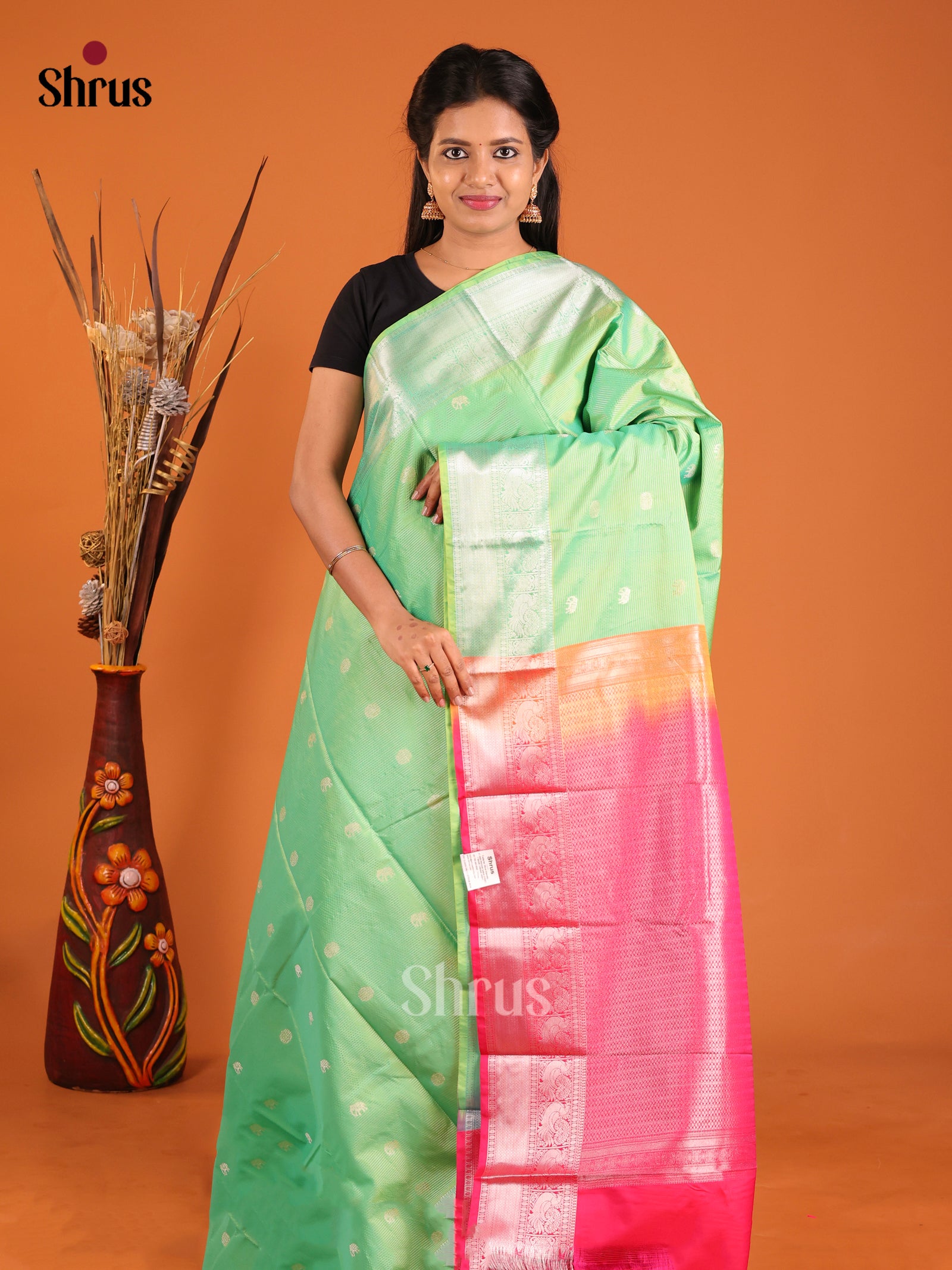 Pista Green & Pink- Semi Kanchipuram Saree - Shop on Shrus.com