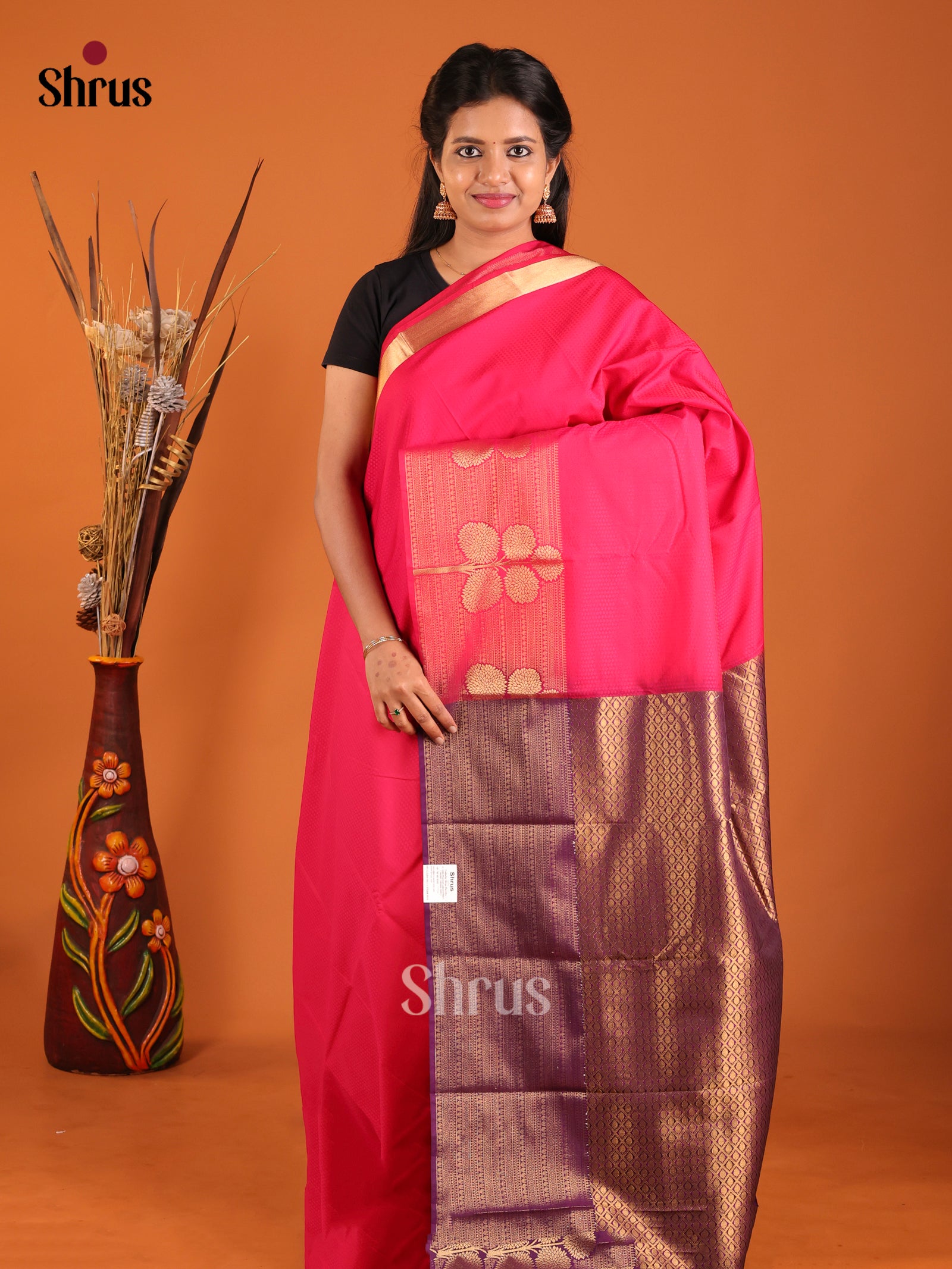 Pink & Violet- Semi Kanchipuram Saree - Shop on Shrus.com