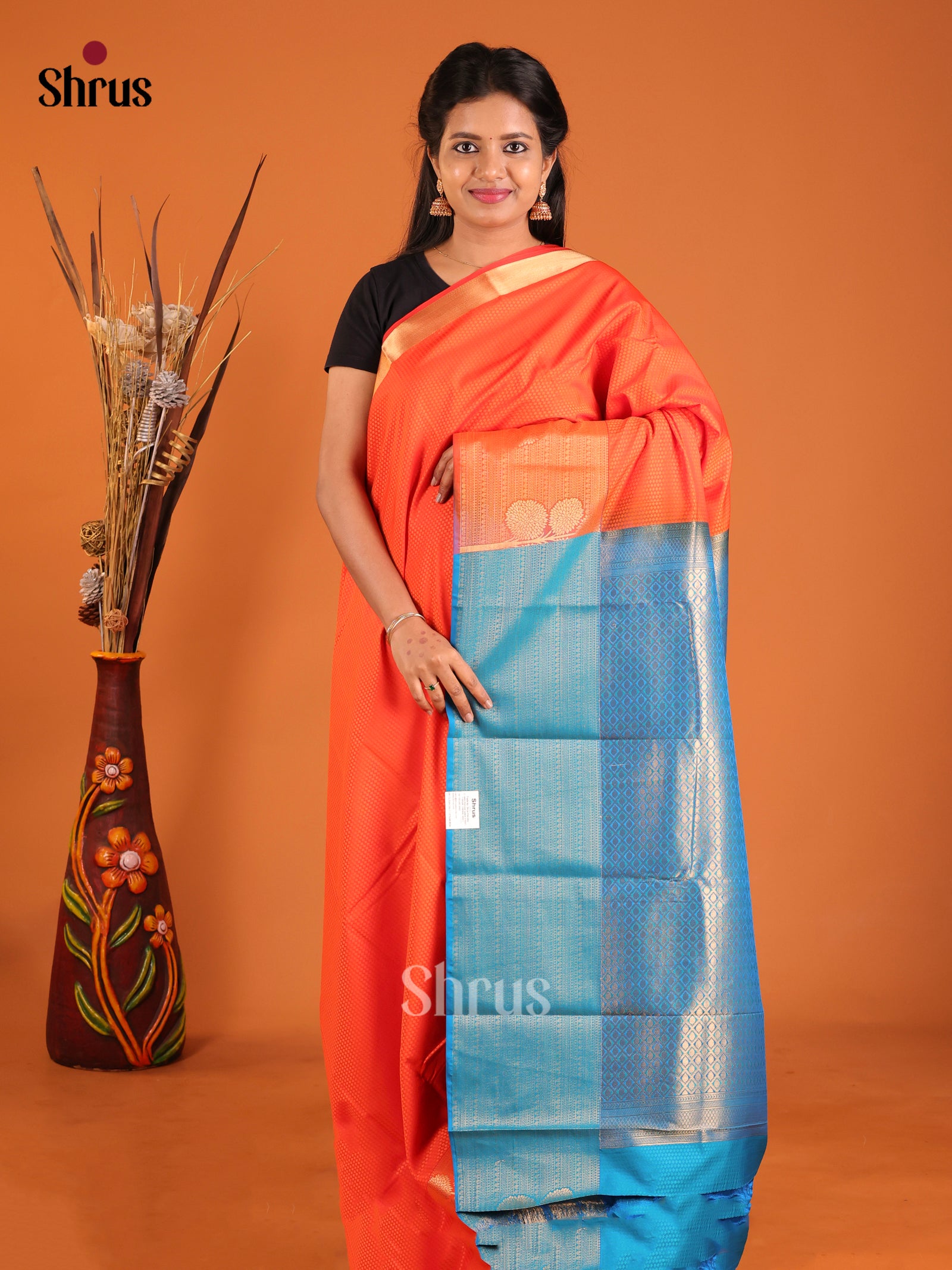 Orange & Blue - Semi Kanchipuram Saree - Shop on Shrus.com