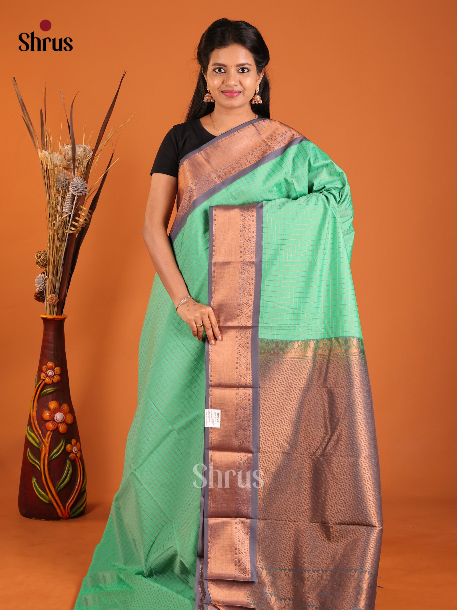 Green & Grey - Semi Kanchipuram Saree - Shop on Shrus.com