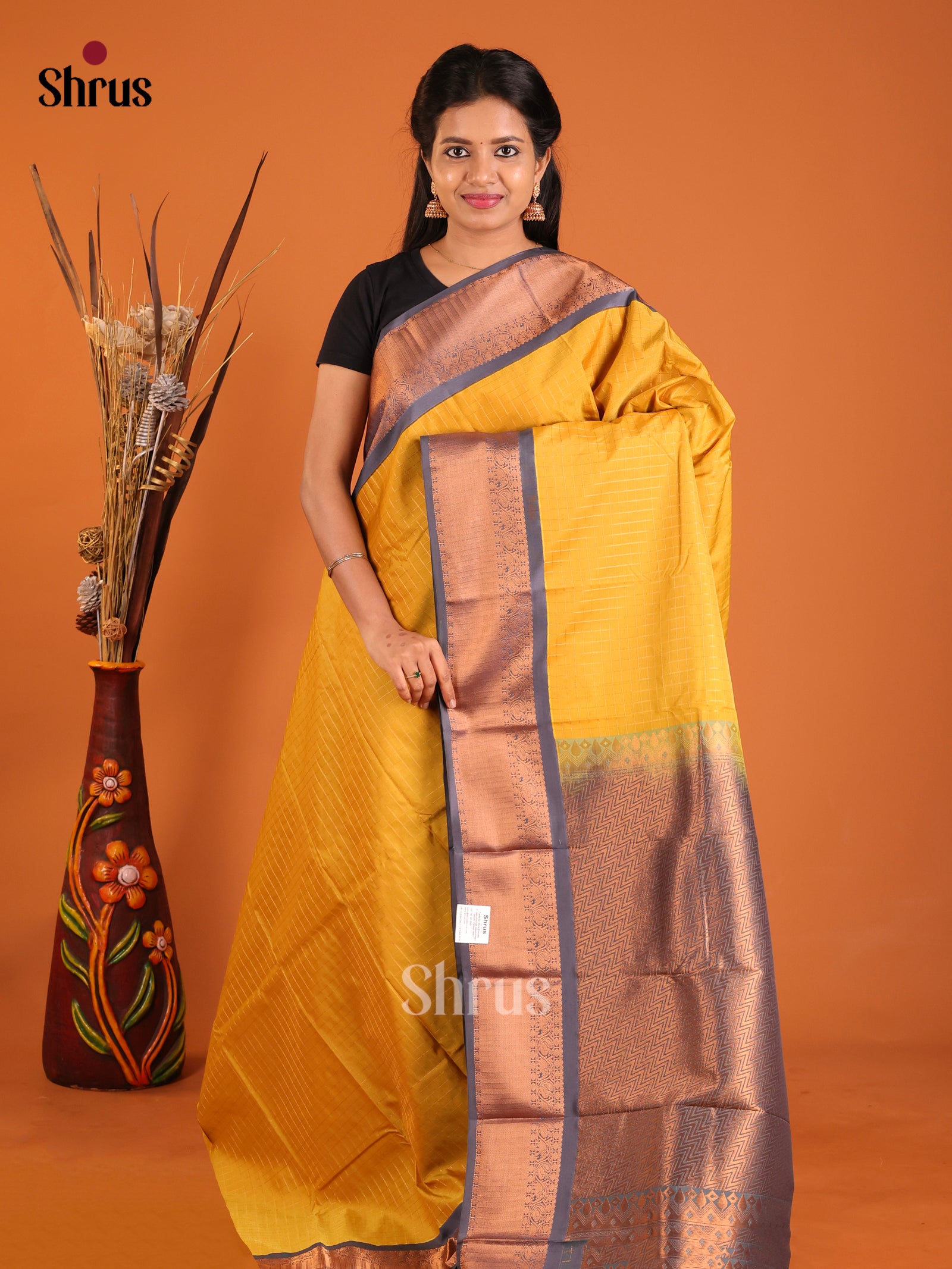 Mustard & Grey - Semi Kanchipuram Saree - Shop on Shrus.com