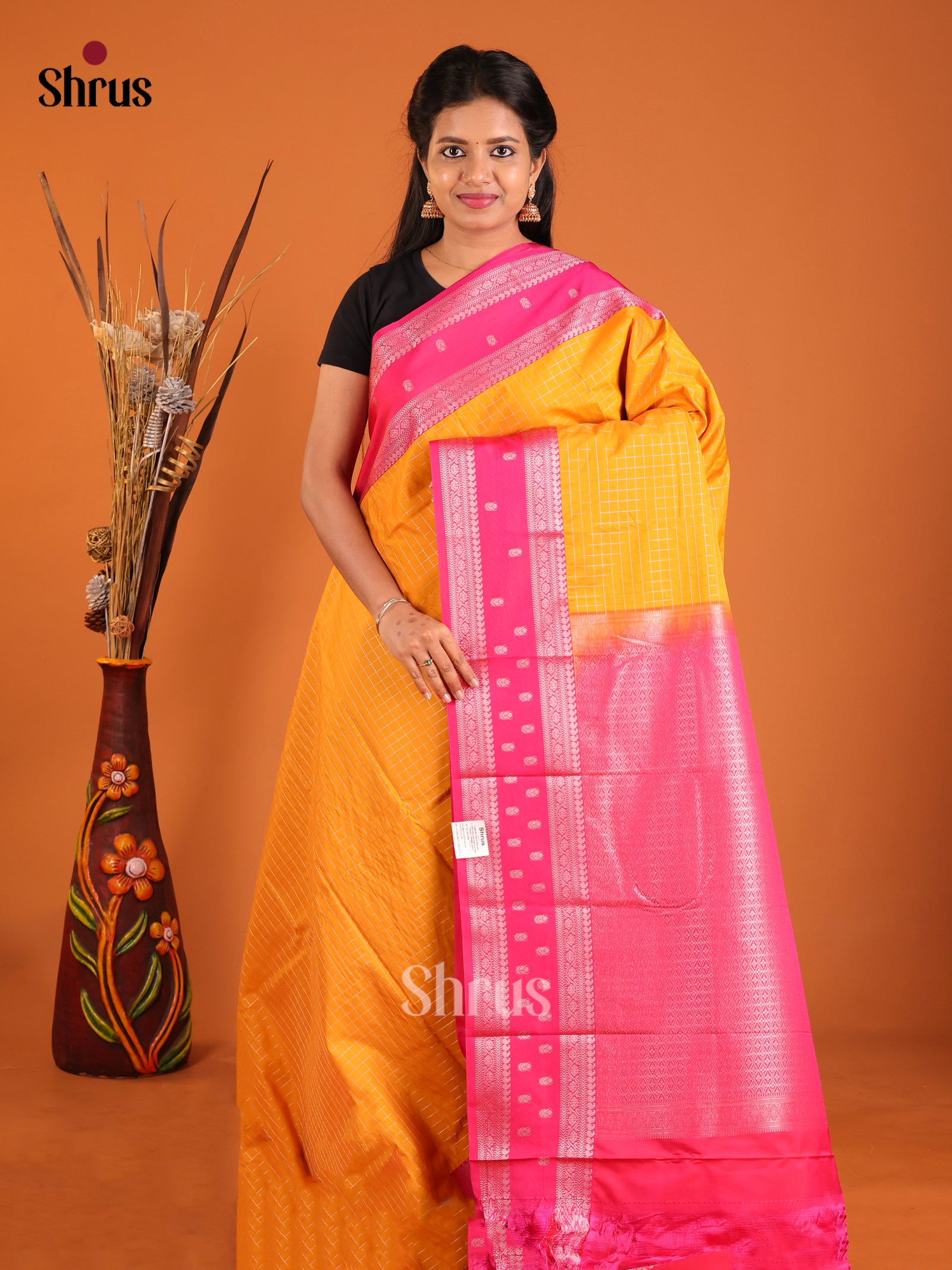 Yellow & Pink- Semi Kanchipuram Saree