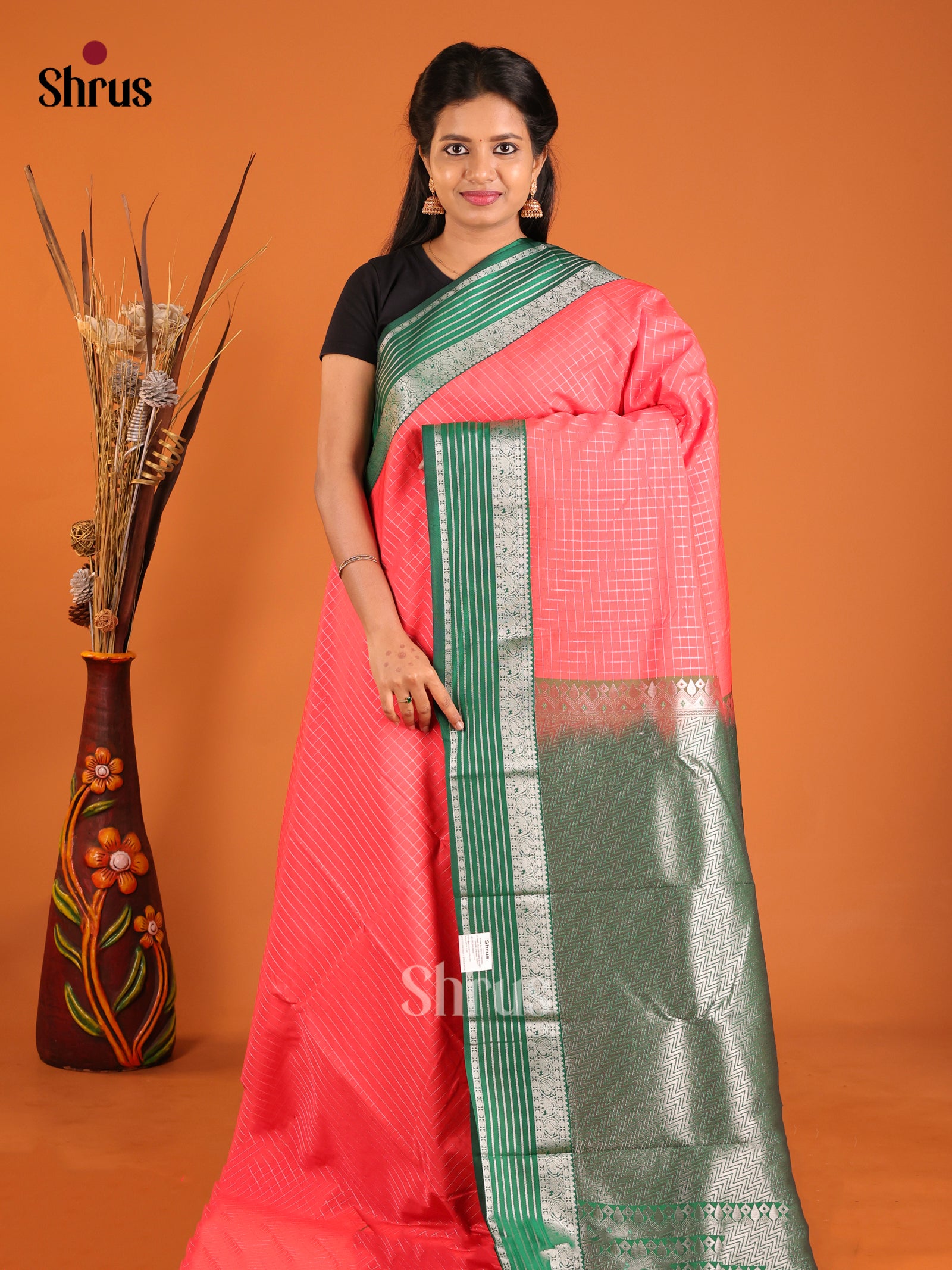 Orangish Pink & Green- Semi Kanchipuram Saree - Shop on Shrus.com